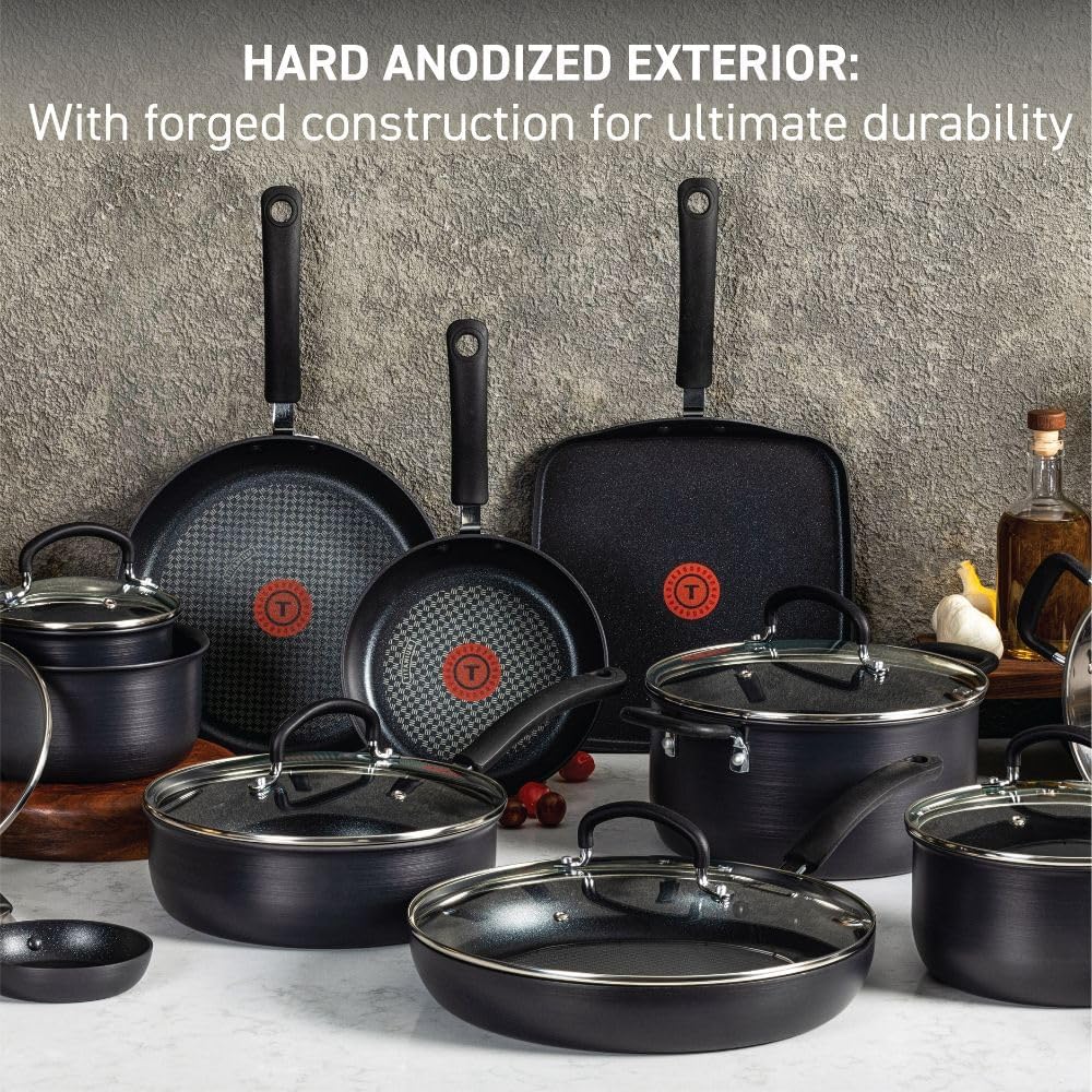 T-Fal Ultimate Hard Anodized Nonstick Pots and Pans Set 17 Piece, Nonstick Cookware Set with Fry Pan, Saucepans, Saute-Pan, Griddle, Dishwasher Safe, Black