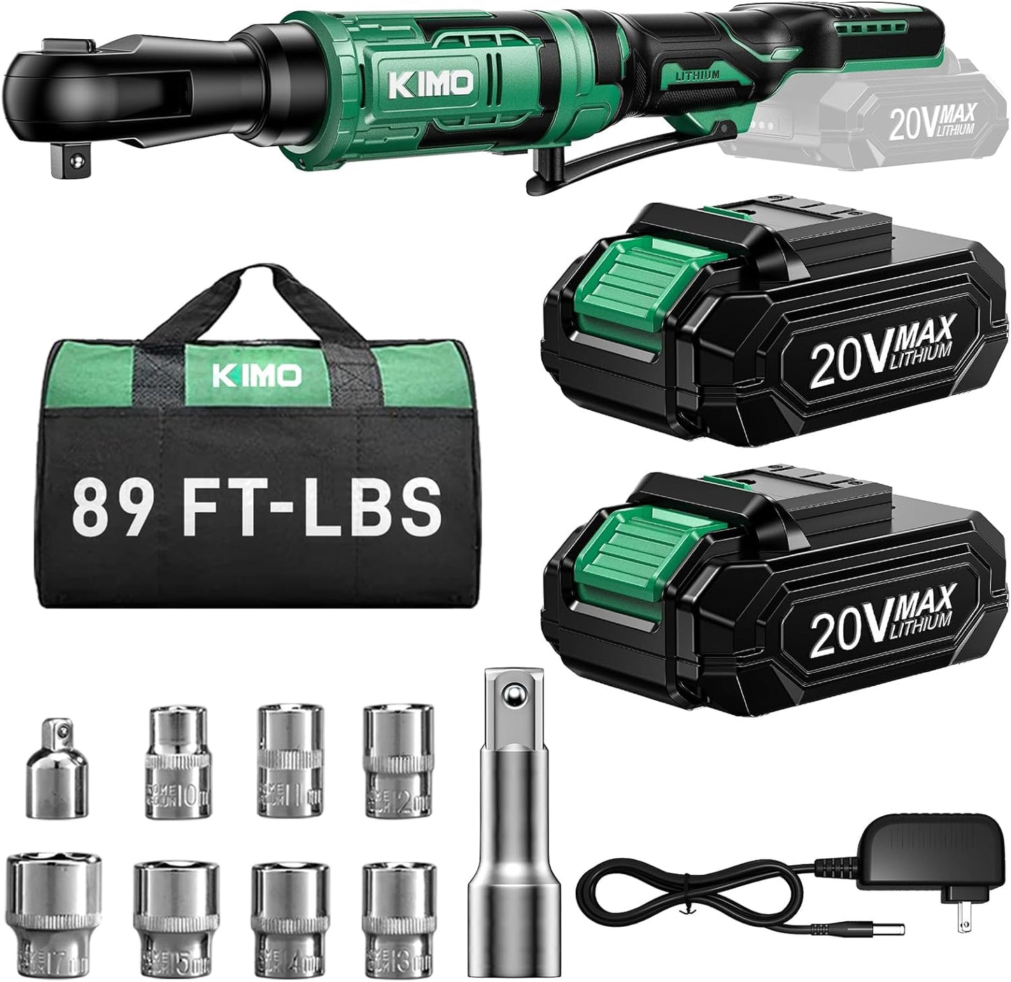 KIMO 20V Cordless Ratchet Wrench 3/8, 89Ft-lbs 400RPM Electric Ratchet Wrench Set w/Variable Speed, 2x2.0Ah Battery Power Ratchet Wrenches, 7Sockets, 3/8"to1/4" Adapter, 3"Extension Bar, Fast Charger