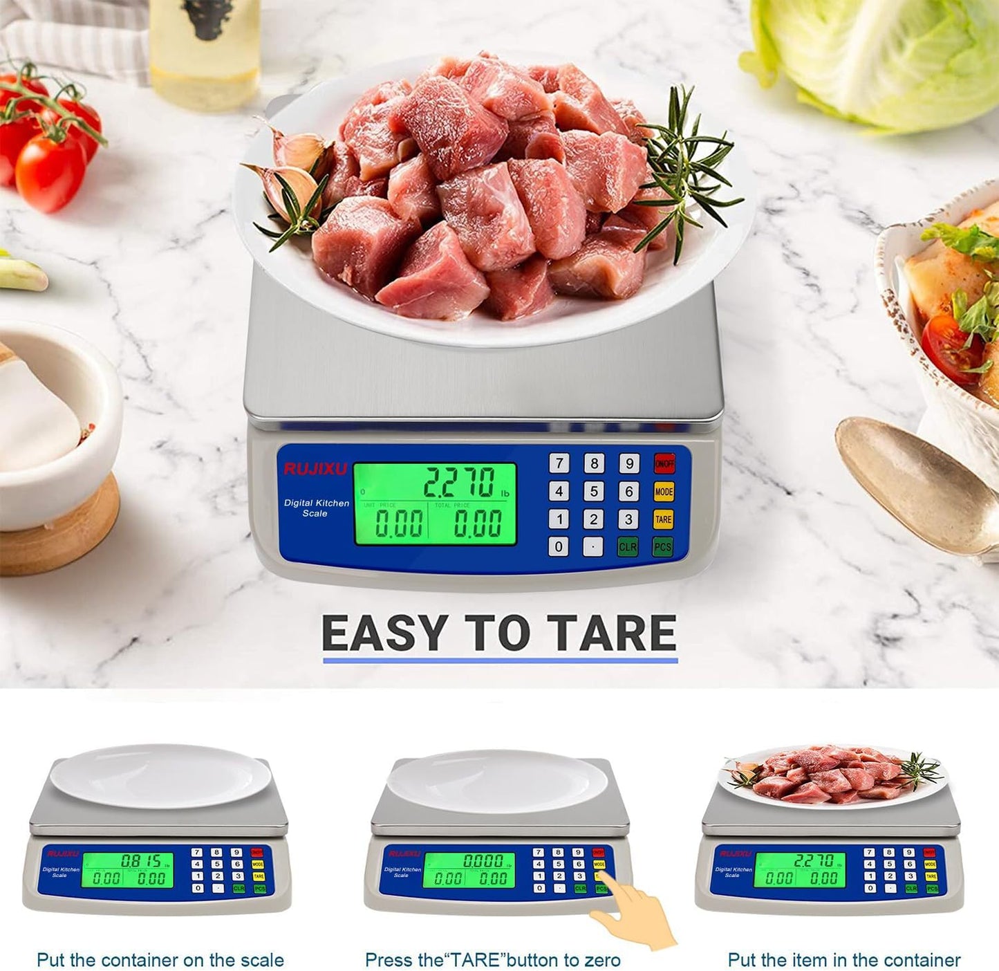 Large Digital Kitchen Scale 30KG Commercial Food Scale 66LB for Baking Bread Meat Stainless Steel Price Computing Scale LCD Display,Prep Counting Scale for Parts and Coins Adapter Included