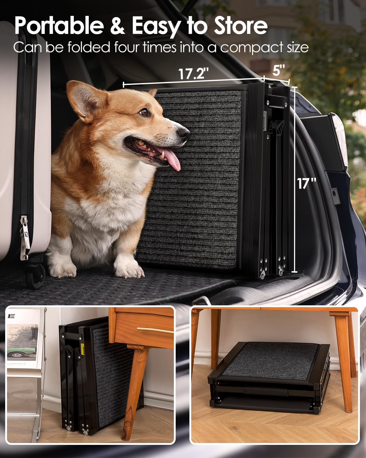 Folding Dog Ramp for Car SUV Truck, 17.3" x 63" Portable Pet Ramp for Large Dogs, Lightweight Non-Slip Dog Car Ramp, Sturdy Dog Ramp for Cars and High Beds, Easy to Carry and Store