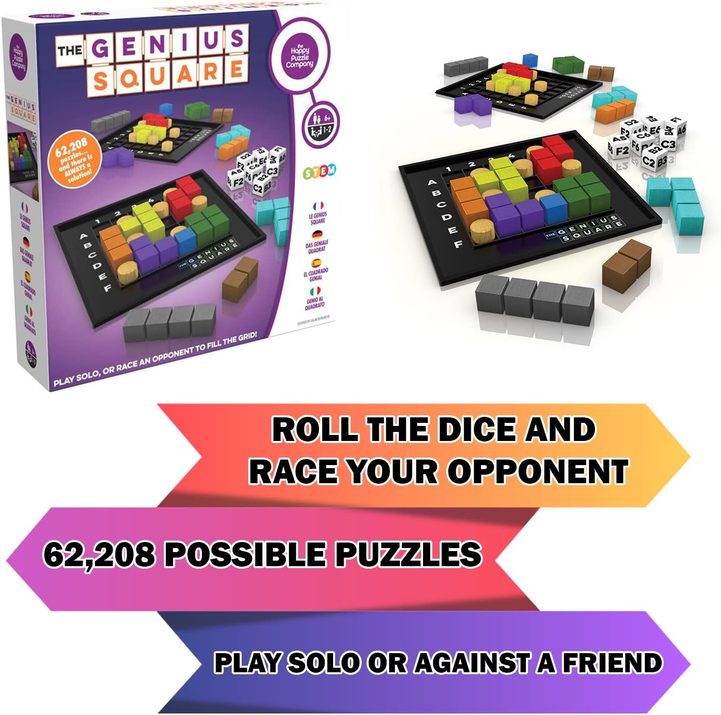 The Genius Square from The Happy Puzzle Company – Game of The Year Award Winner, 60000+ Solutions STEM Puzzle Game. Roll Dice, Race Your Opponent to Fill Grid with Different Shapes!