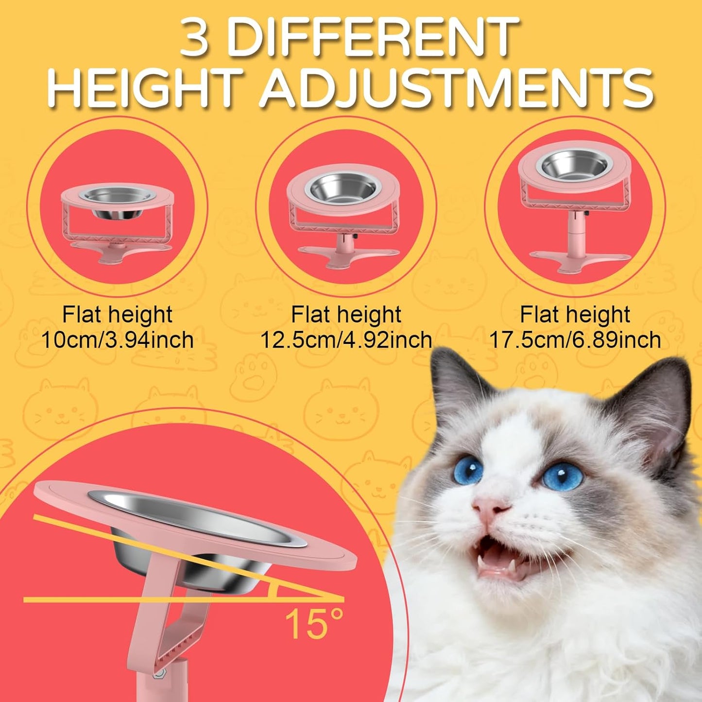 Raised Cat Bowls with Height-Adjustable Stand 15° Tilted Cat Food Bowls Non-Slip Feeder Adjusts to 2.4", 4.02",5.98" with Stainless Steel Bowls Whisker Friendly for Cats and Puppy