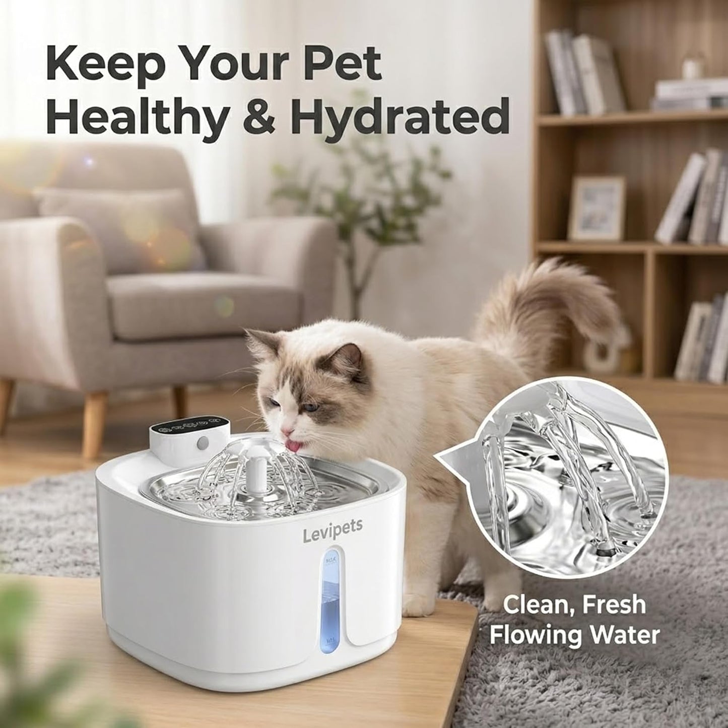 Stainless Steel Tray Cat Water Fountain 108oz/3.2L, 4000 mAh Battery Powered Automatic Pet Water Fountain, Ultra Quiet 25dB, Motion Sensor, 4-Stage Filter, Easy Clean for Cats & Small Dogs