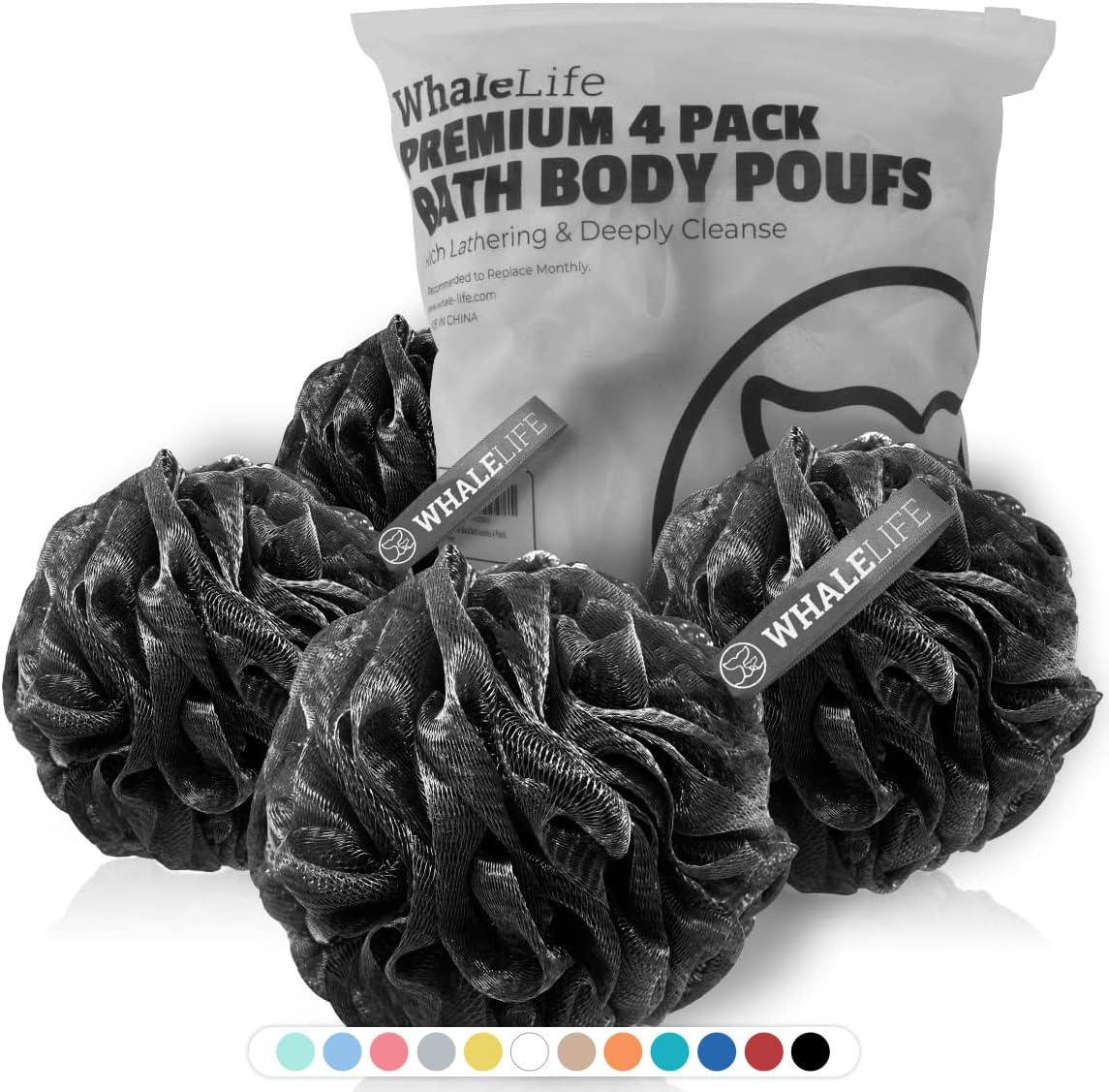 WhaleLife Loofah Bath Sponges - Black Gentle Exfoliating Shower Loofah for Rich Lather, Durable Mesh Body Scrubber for Men & Women 4 Pack