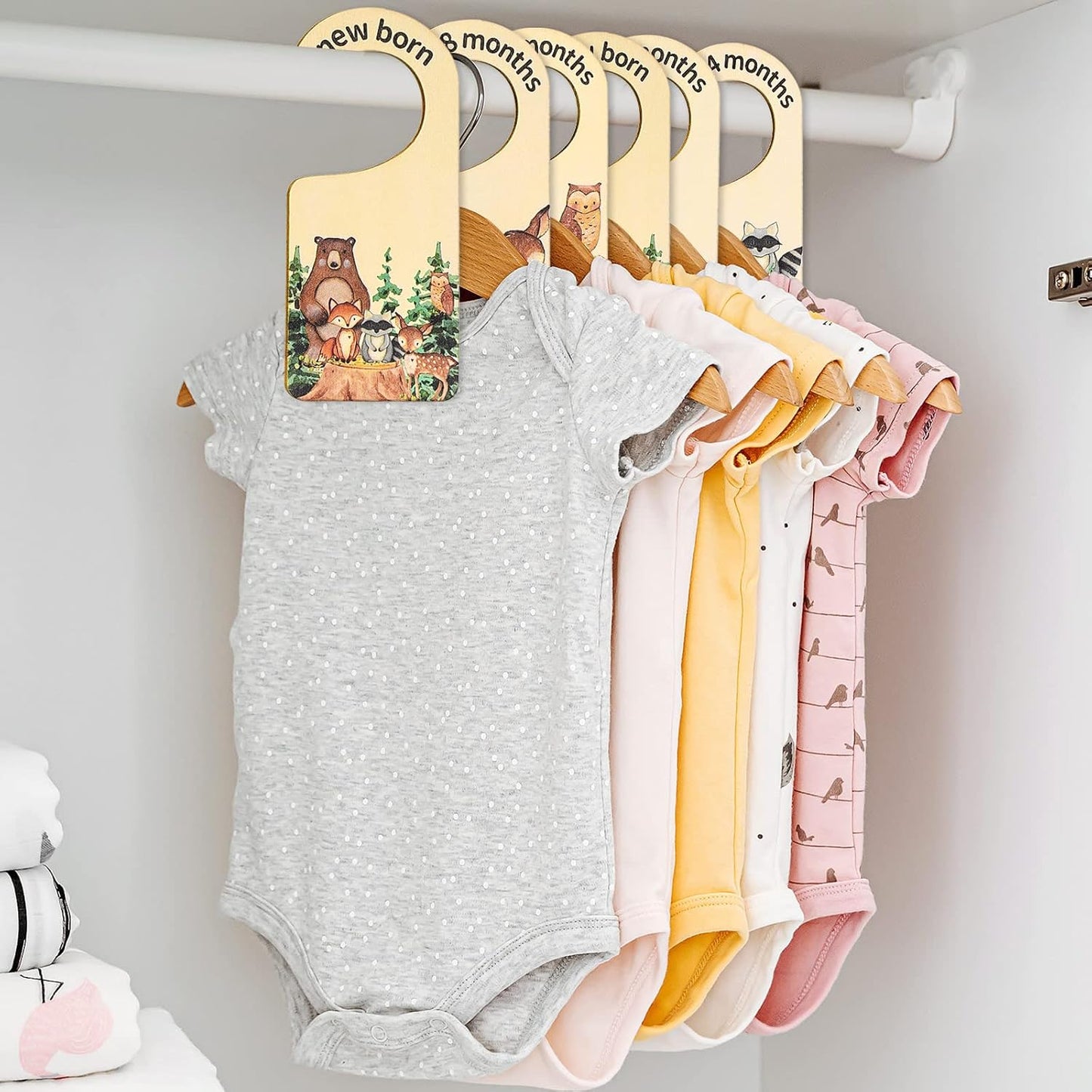 Whaline 8 Pcs Baby Closet Size Dividers Woodland Design Hanging Wooden Baby Closet Organizer Newborn to 24 Months Thicken Babies Wardrobe Organizer for Home Nursery Decor