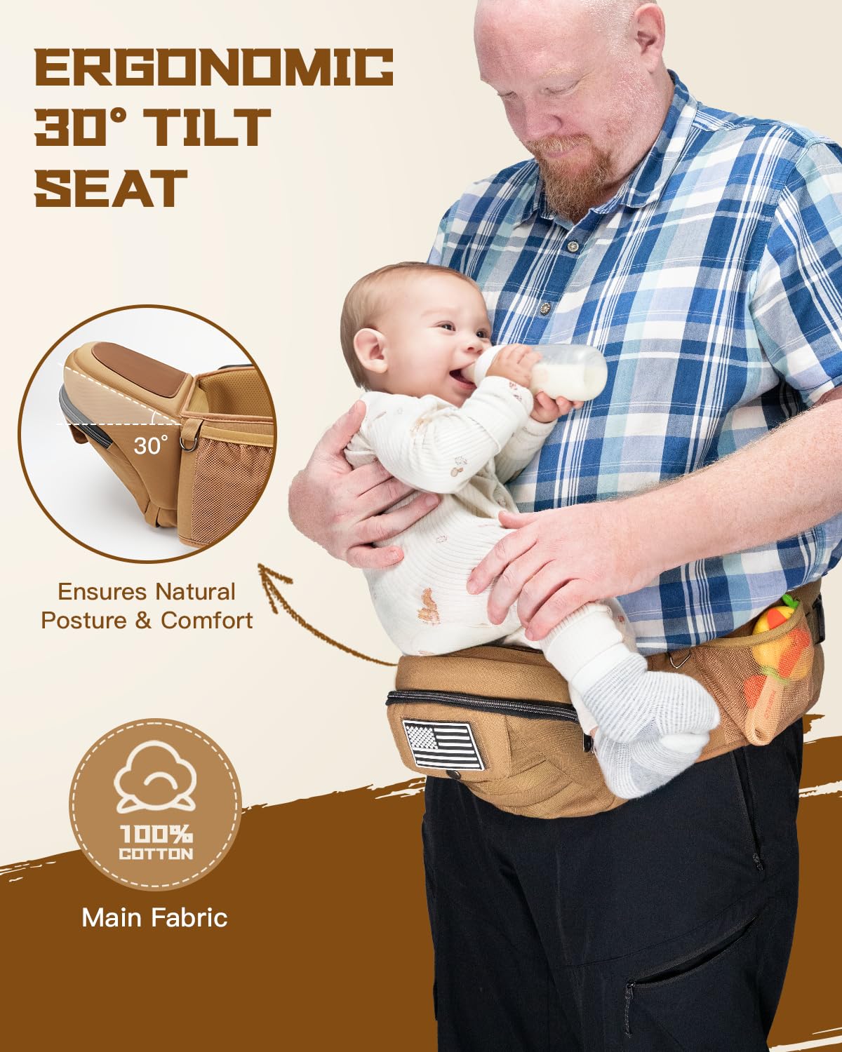 Dinictis Baby Hip Carrier for Dad, Ergonomic Tactical Waist Carrier with Hip Seat for Newborn to Toddler (Up to 45 lbs), Adjustable Wide Waistband, Molle Webbing & Multiple Pockets, Coyote Brown