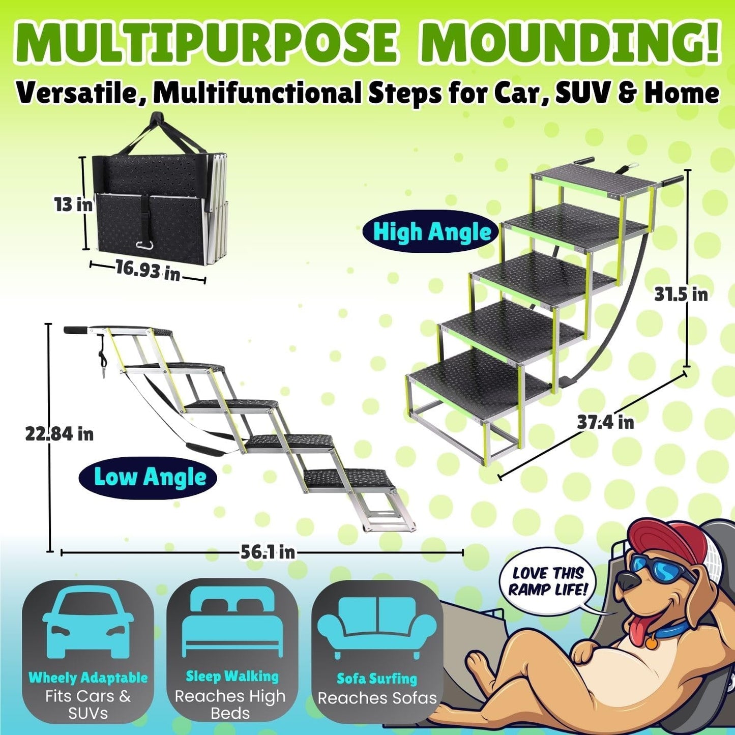 CreatureCops™ Dog Steps for Car | Glow-in-The-Dark, 175lb Support | Foldable, Non-Slip Dog Stairs for Large Dogs | Lightweight Aluminum with Carry Bag | 5 Steps for Car & Home