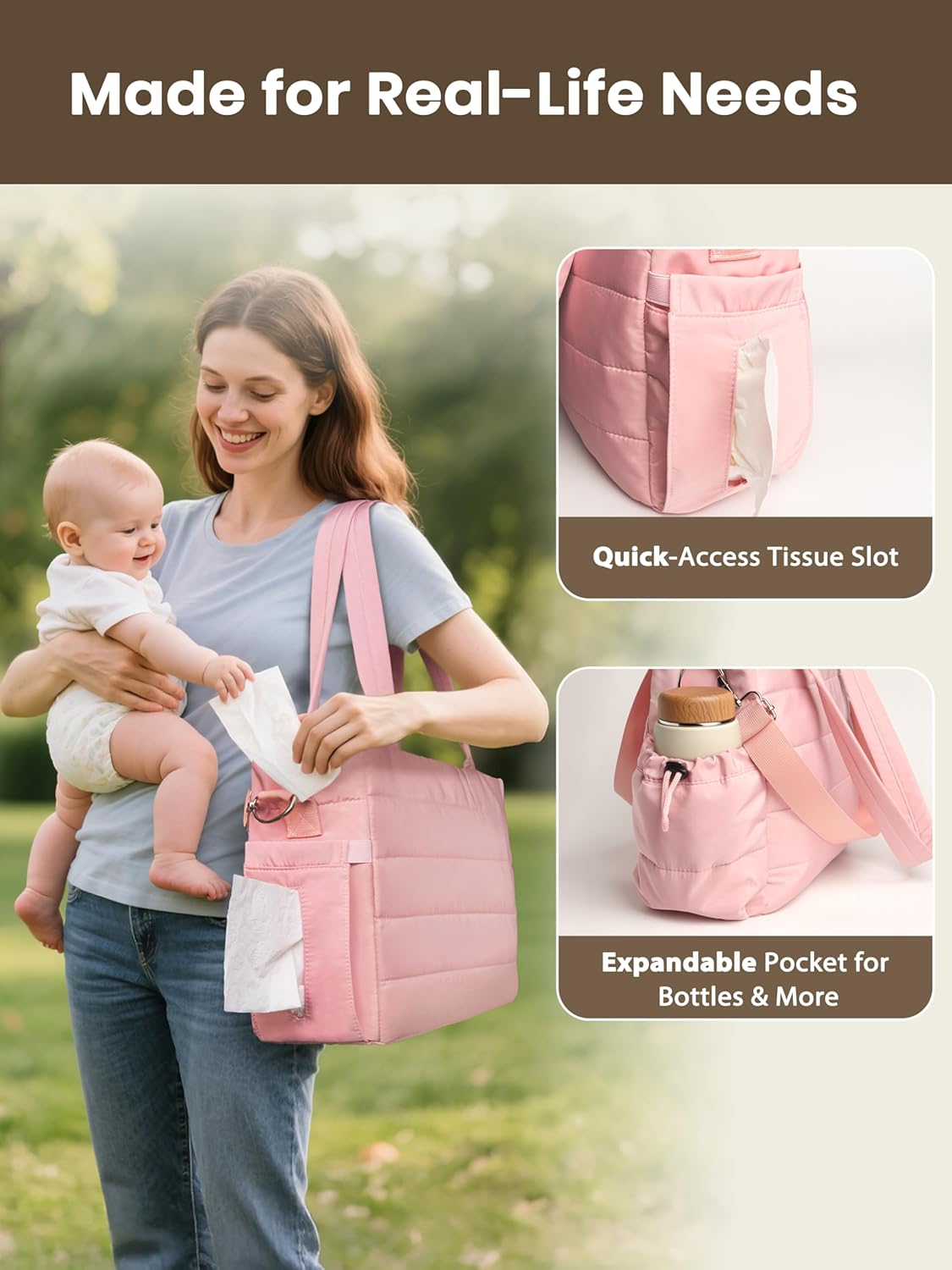 Large Diaper Bag Tote for Women, Crossbody Mommy Bag with Waterproof Bult-in Removable Diaper Bag