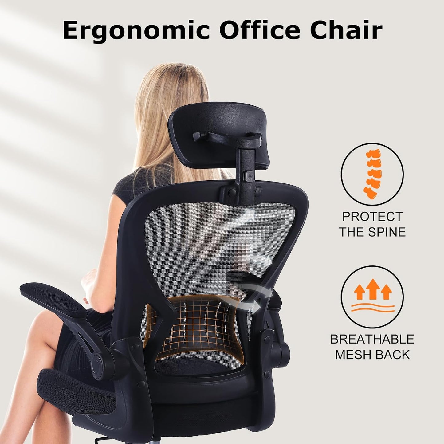 ralex-chair Ergonomic Office Chair with Adjustable Headrest & Lumbar Support, Computer Desk Chair with Flip-Up Armrests, Comfortable for Home, Office, Conference Room