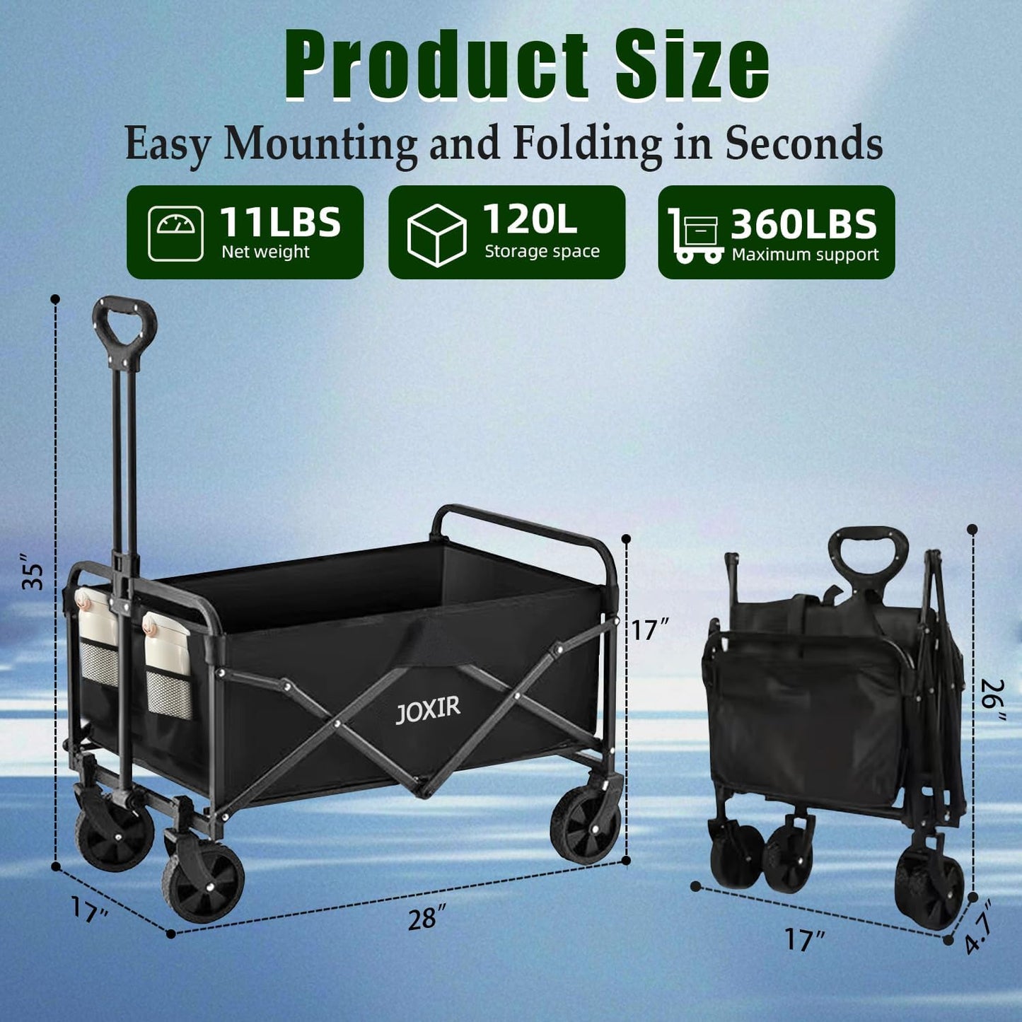 Collapsible Wagon Cart Foldable 120L 360lbs Capacity, Lightweight Portable Beach Wagon, Shopping Carts with Wheels for Grocery, Camping, Shopping, Garden Cart