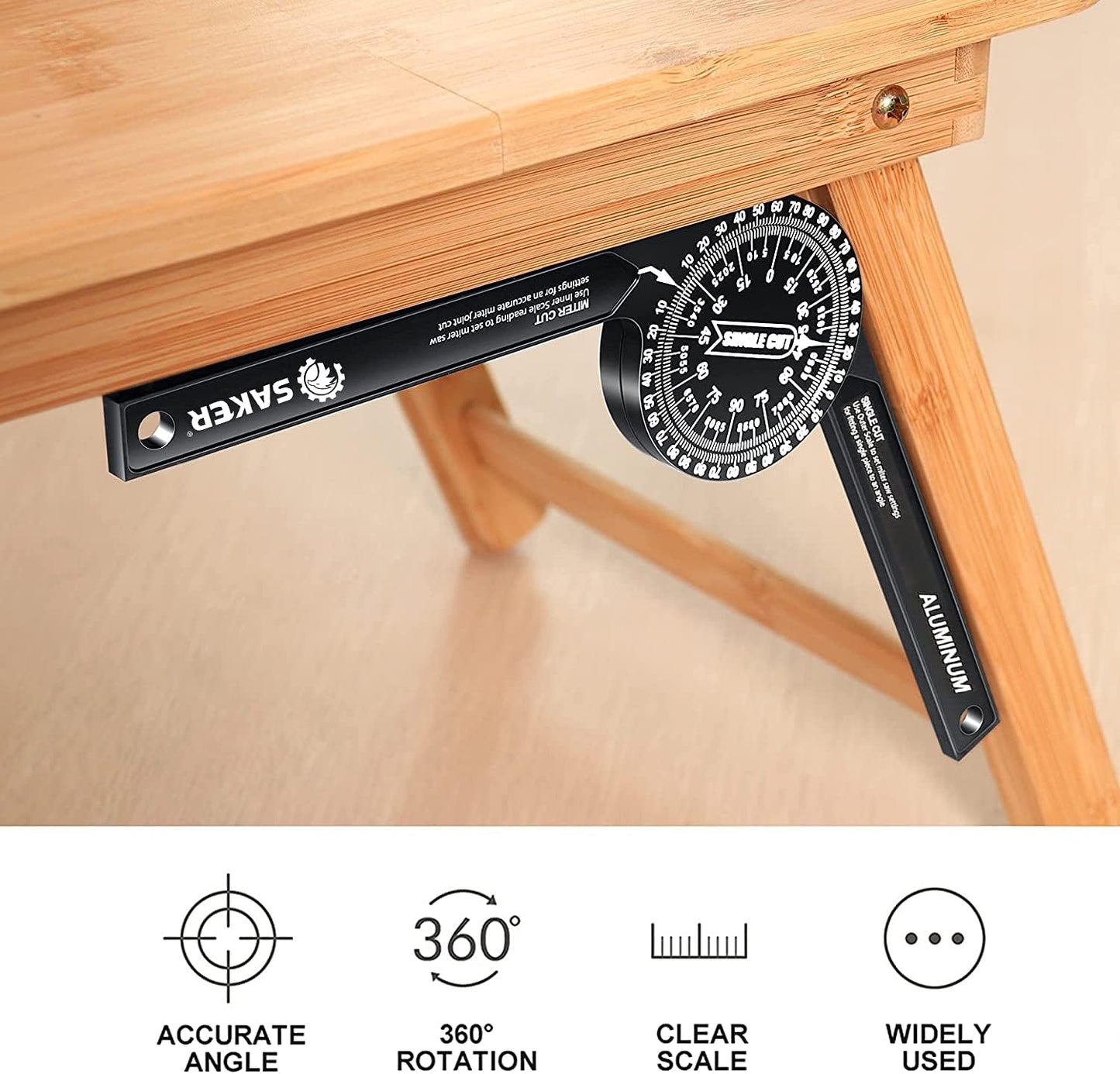 Saker Miter Saw Protractor|7-Inch Aluminum Protractor Angle Finder Featuring Precision Laser-Inside & Outside Miter Angle Finder for Carpenters, Plumbers and All Building Trades (Black)