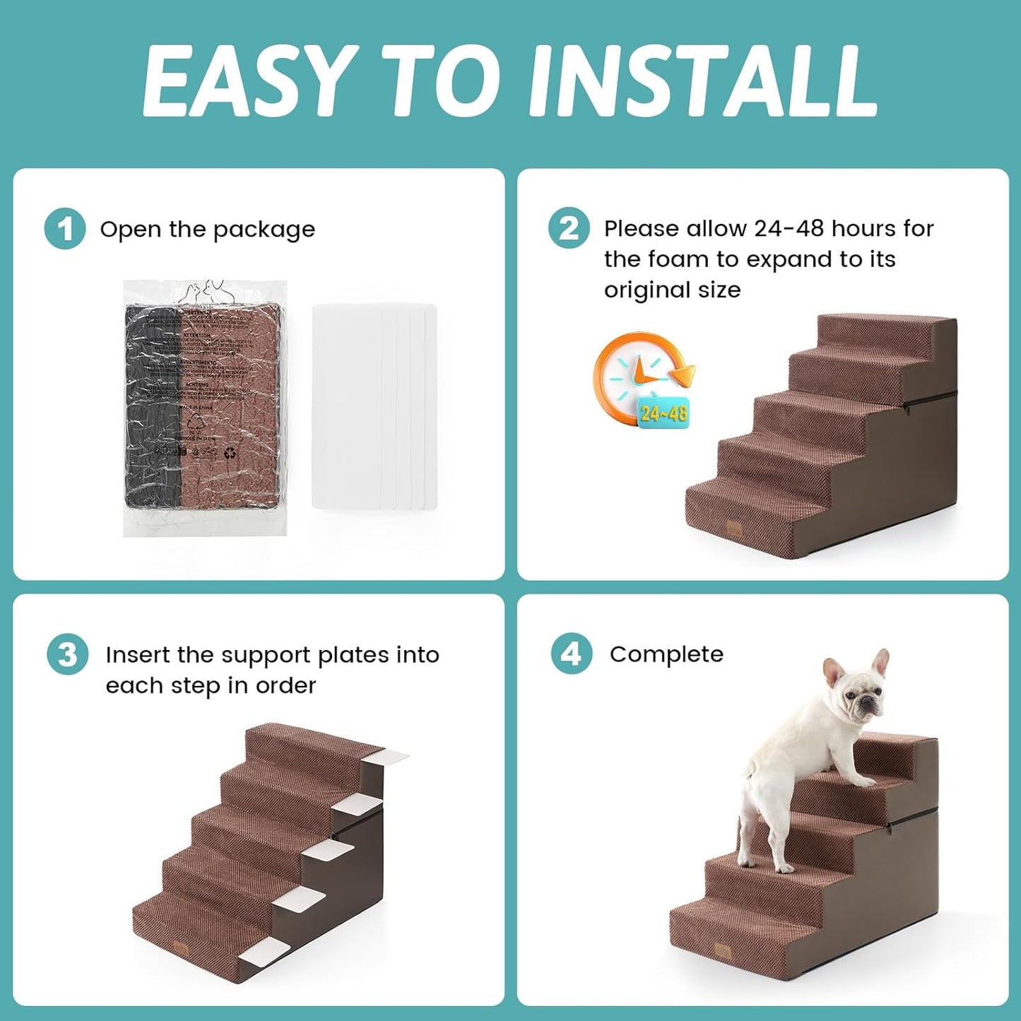 Dog Stairs with Detachable Zipper, 19.7" Extra Wide Right-Angle Pet Stairs for Bed, Anti-Slip Dog Steps for Lowrider and Puppy, Elderly Cats with Support Board, 19.7x29.5x23.6 inch, Brown