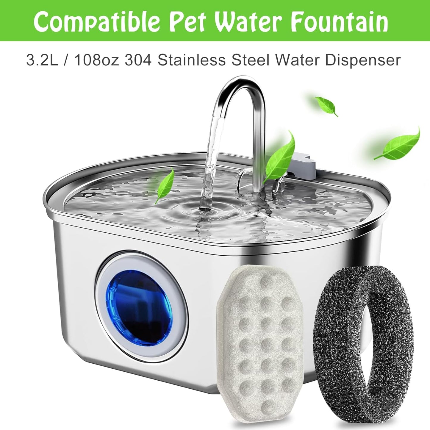 8-Pack Cat Water Fountain Replacement Filters with Pre-Filter Sponges, Compatible with 3.2L/108oz Pet Cat Dog Water Fountains