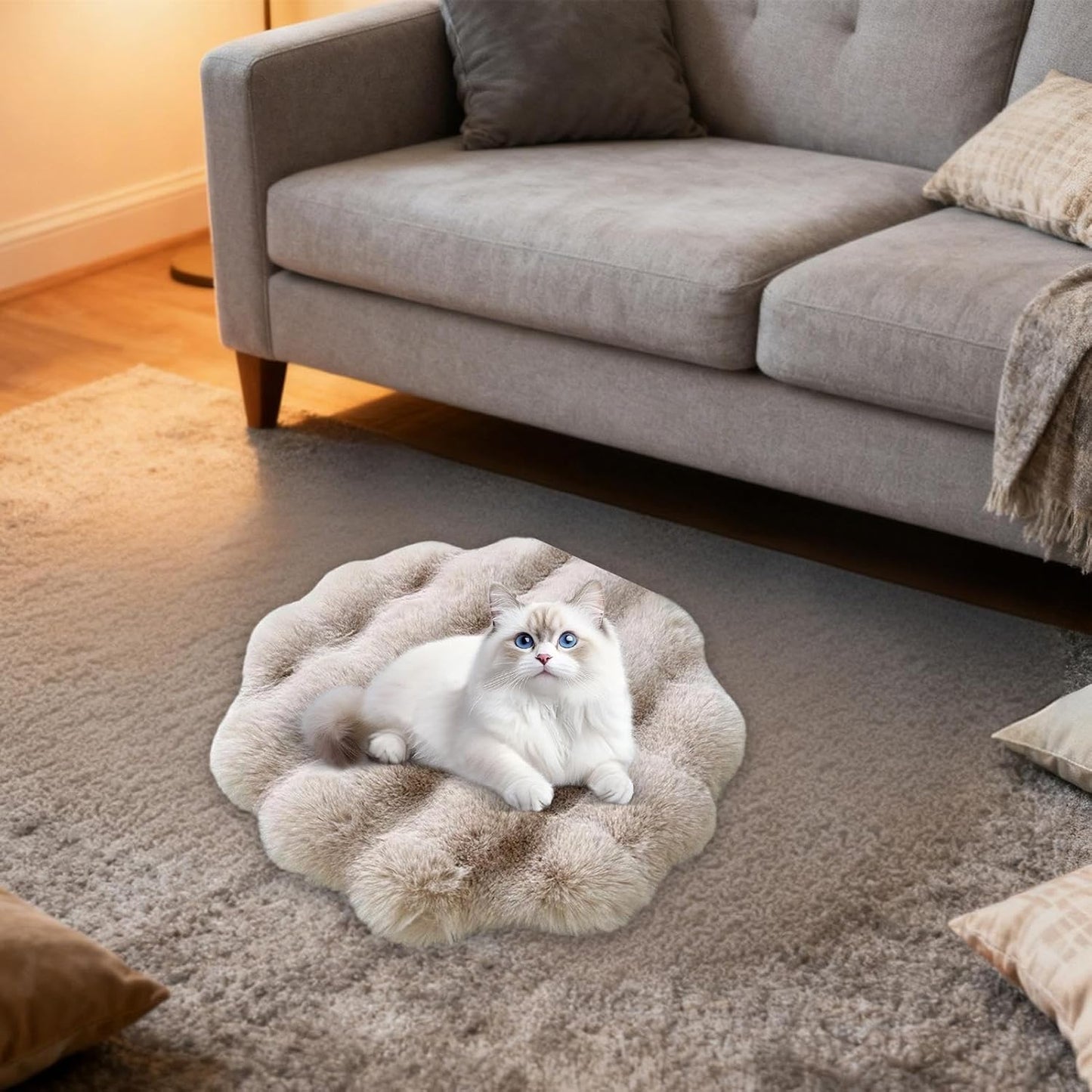 Pet Cushion - Round Machine Washable Anti Slip Mat | Warm Soft Crate Pad with Plush Filling & Non Skid Bottom for Camping, Travel, Shelter, Backyard, Balcony, RV, Kennel, Sofa and Floor Use