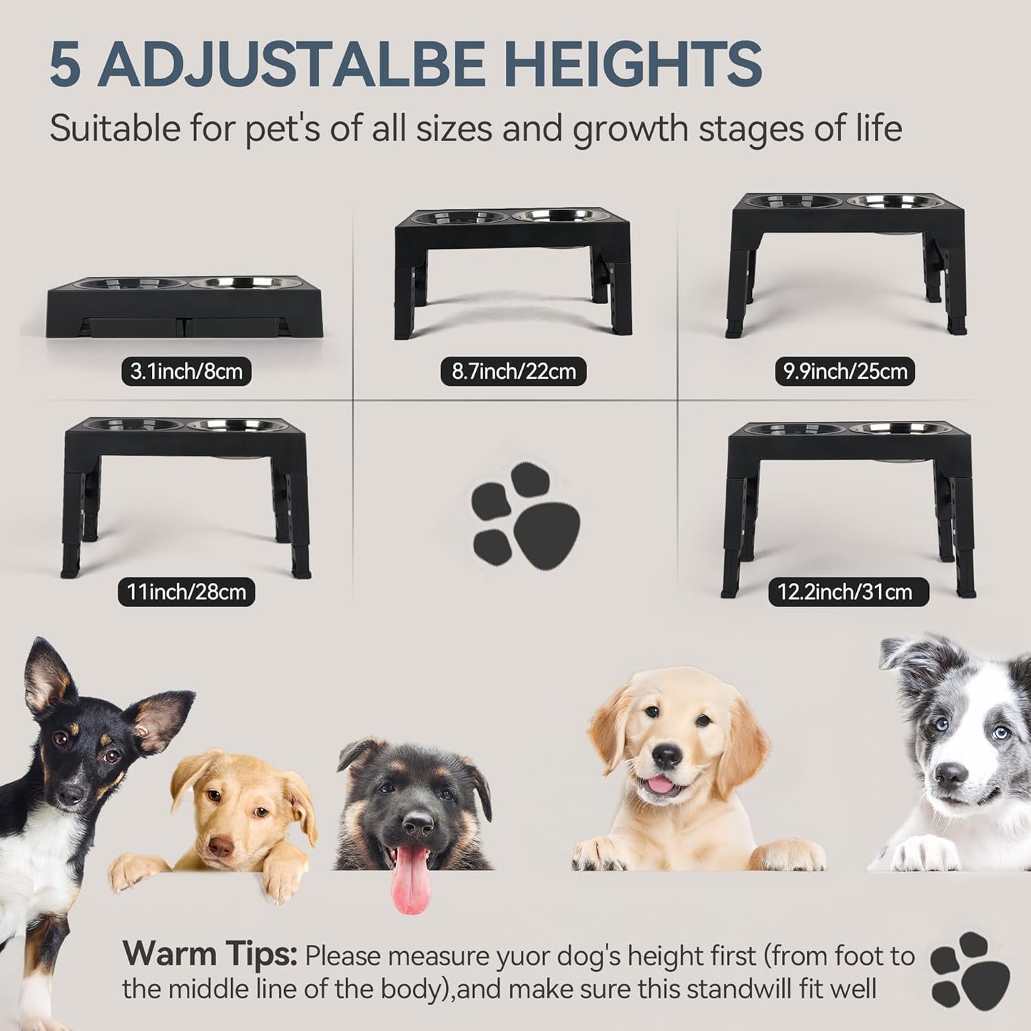 PAWISE Elevated Dog Bowls, 5 Height Adjustable Raised Dog Bowl Stand with 1 Slow Feeder Bowl & 2 Stainless Steel Bowls, Non-Slip Dog Feeding Station for Large, Medium, Small Dogs and Cats, Black