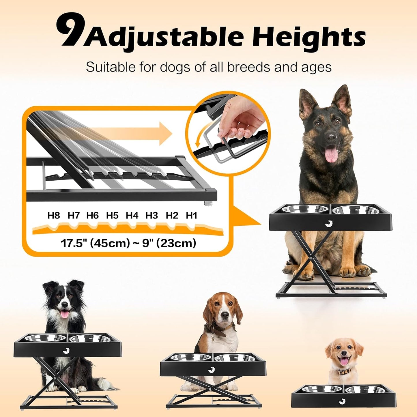 Joytale Metal Stand Elevated Dog Bowls, Heavy Duty 9 Adjustable Height from 9" to 17.5" Dog Food Stand, 2 Stainless Steel Bowls, Non-Slip and Non Spill Raised Food & Water Station for Large Breeds