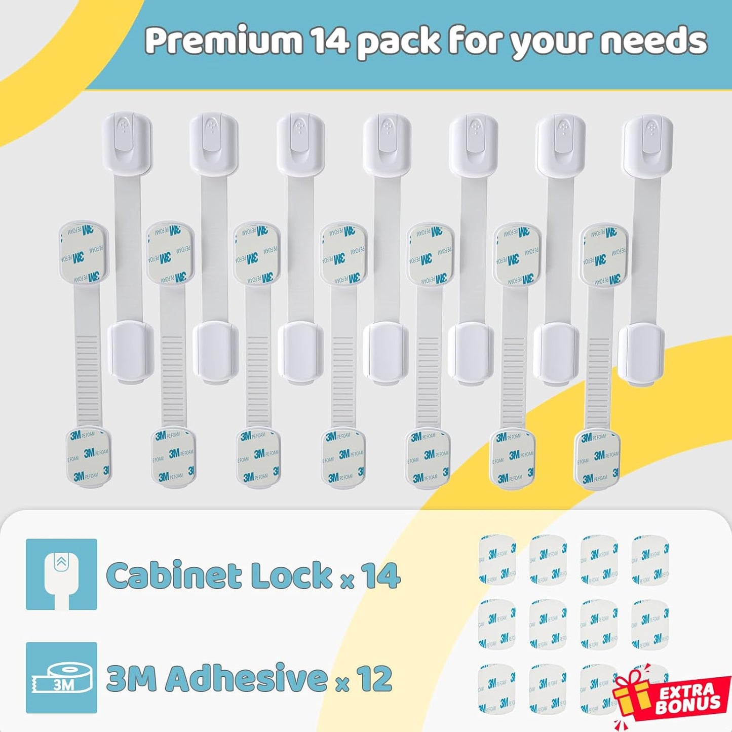 4our Kiddies 14 Pack Child Proof Cabinet Locks for Baby Proofing, Baby Proof Drawer Locks for Kids, Child Safety, Adjustable Child Locks for Cabinet and Drawers with 12 Extra 3M Adhesives, No Drilling