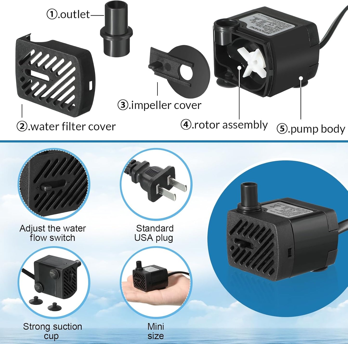 Lounsweer 4 Set 50 GPH 3W Mini Submersible Water Pump Quiet Submersible Fountain Mini Aquarium Pump with 3.3 ft Tube for Fish Tank, Aquariums, Pond, Pets Fountain Hydroponics