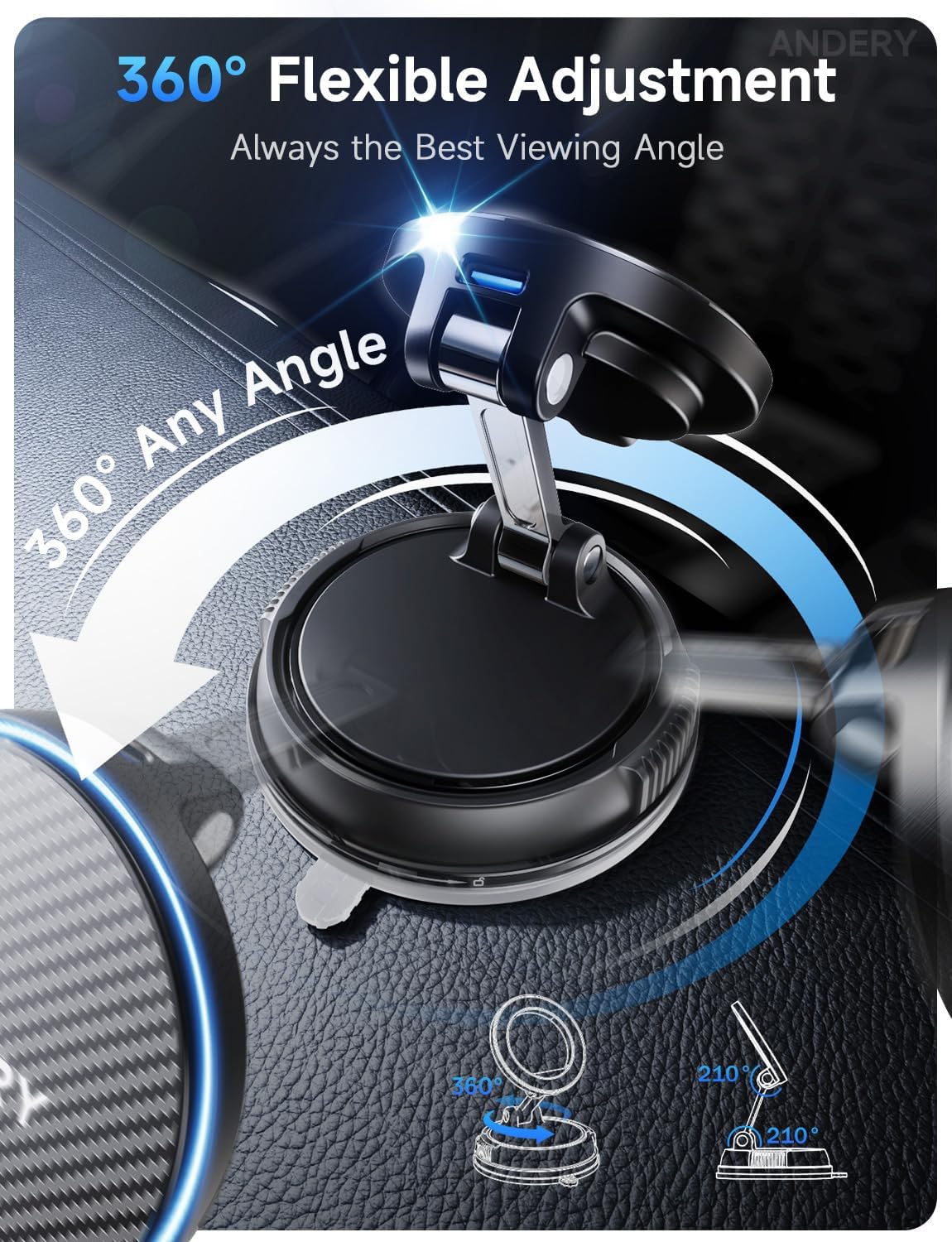 ANDERY Only for iPhone Magsafe Car Mount Charger [15W Wireless Faster Charging, 78+LBS Strongest Suction, 2400gf Strongest Magnetic] 360° Adjustable Car Phone Holder, Phone Holders for Your Car, Black