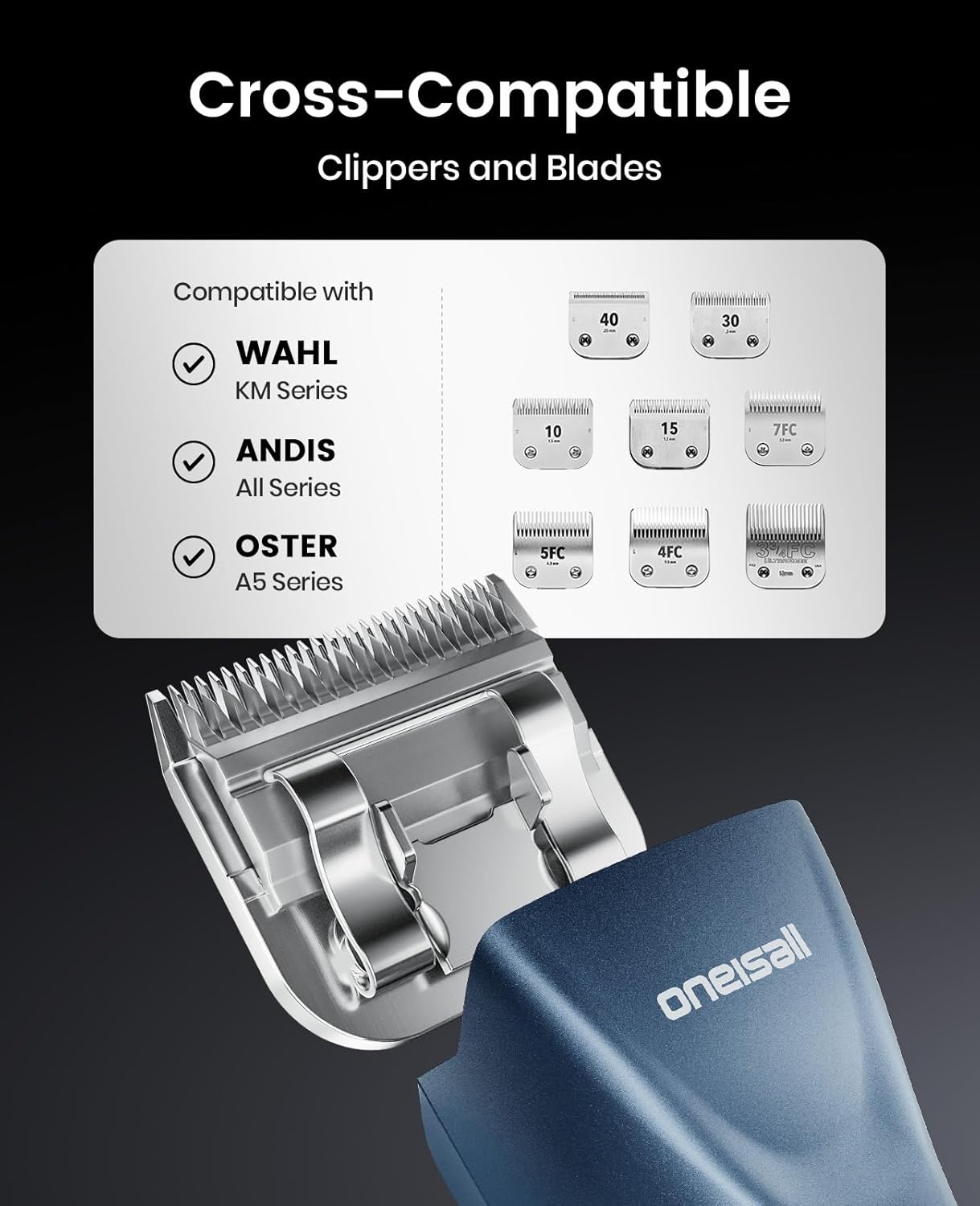 oneisall Cordless Professional Dog Grooming Clippers, 2-Speed Dog Clippers for Grooming Heavy Duty/Thick Hair, Detachable Carbonized Steel Blade Metal Combs, Removable Battery(Blue)