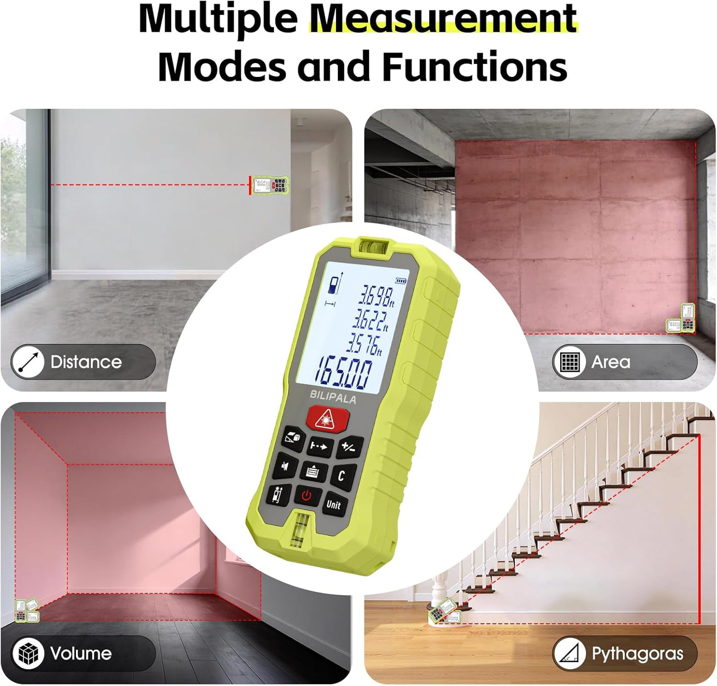 Laser Measure 229ft, Digital Laser Distance Meter with 2 Bubble Levels, 2" Backlit LCD, High Precision Laser Measuring Tool,Area Measurement,Volume and Pythagoras, Mute, Battery Included