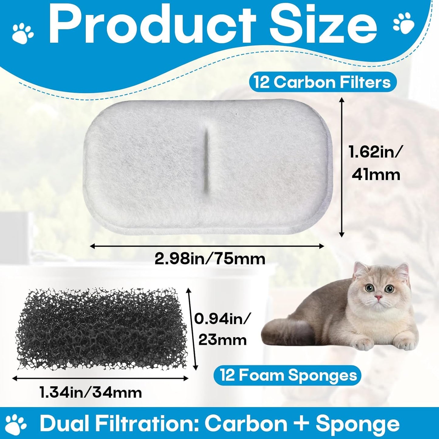 12 Pack Cat Water Filters Replacement for 108Oz/3.2L & 67Oz/2L Stainless Steel Pet Water Dispenser, Cat/Dog Indoor Water Dispenser Fountain for Most Pet Water Fountains 12 Filters & 12 Sponges