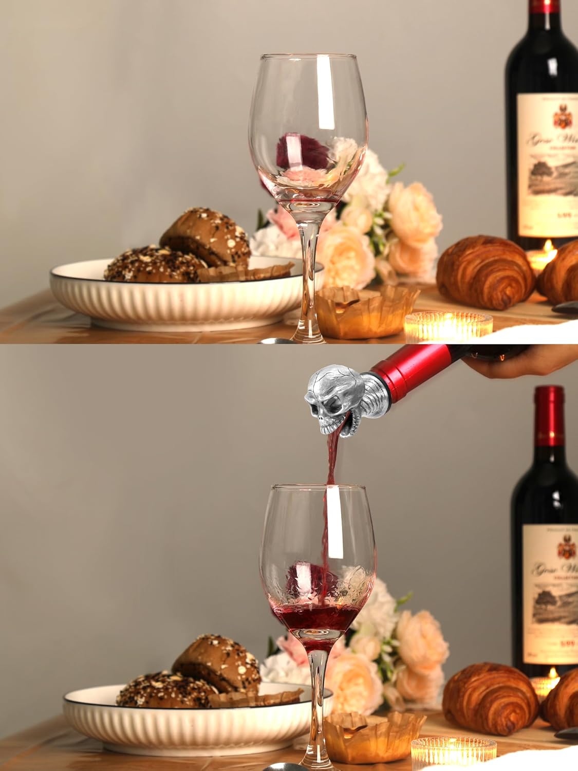 Skull Wine Pourer Spout for Bottles, Skeleton Head Liquor Pourer Stopper for Halloween Party, Gothic Bar Accessories for Wine Whiskey Spirits, No Drip Wine Dispenser Fits Most Standard Bottle Necks