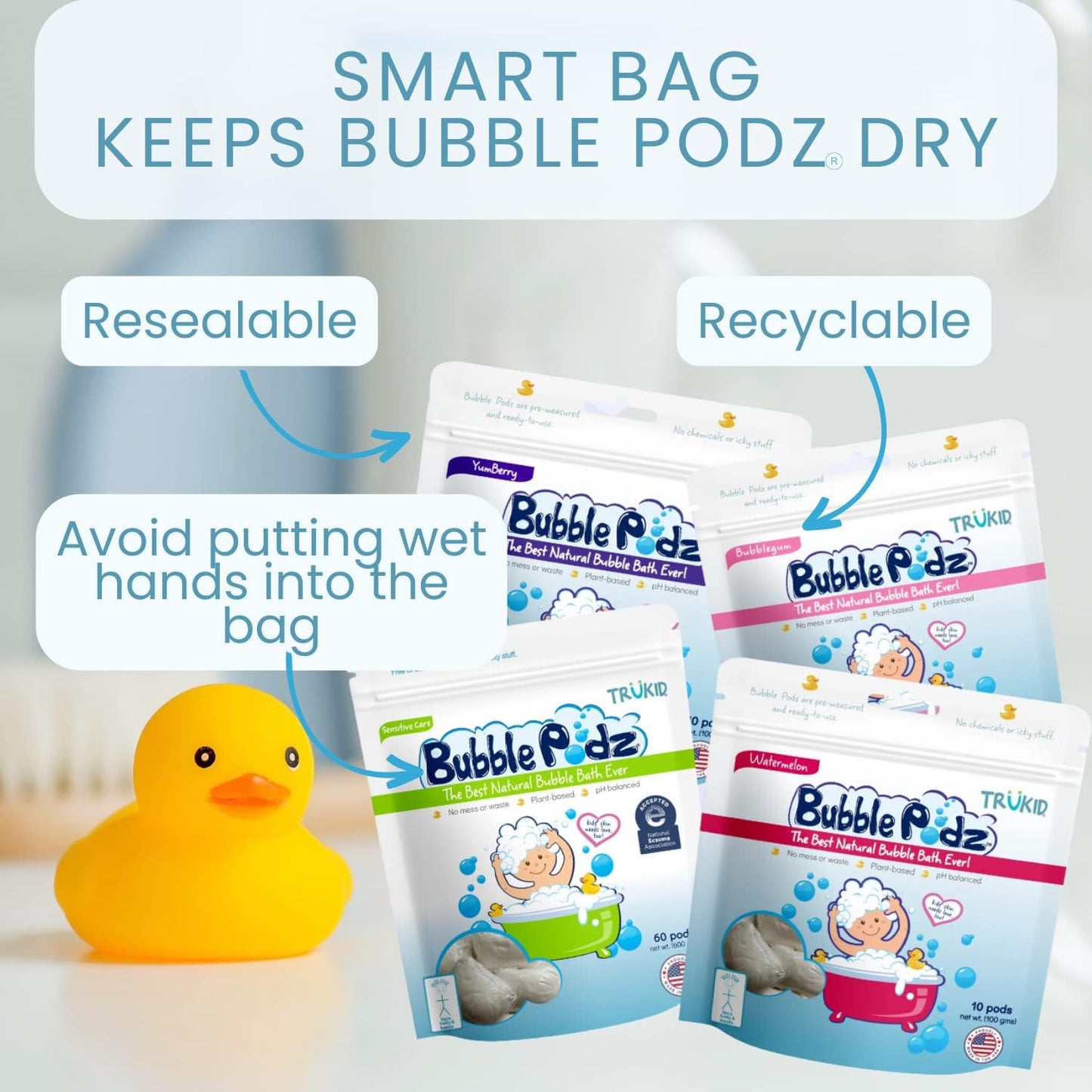 TruKid Bubble Podz Bubble Bath for Kids, Toddlers, & Babies, NEA-Accepted for Eczema, Gentle Refreshing Colloidal Oatmeal Bath Bomb for Sensitive Skin, pH Balanced, Tear Free, Unscented (60 Podz)