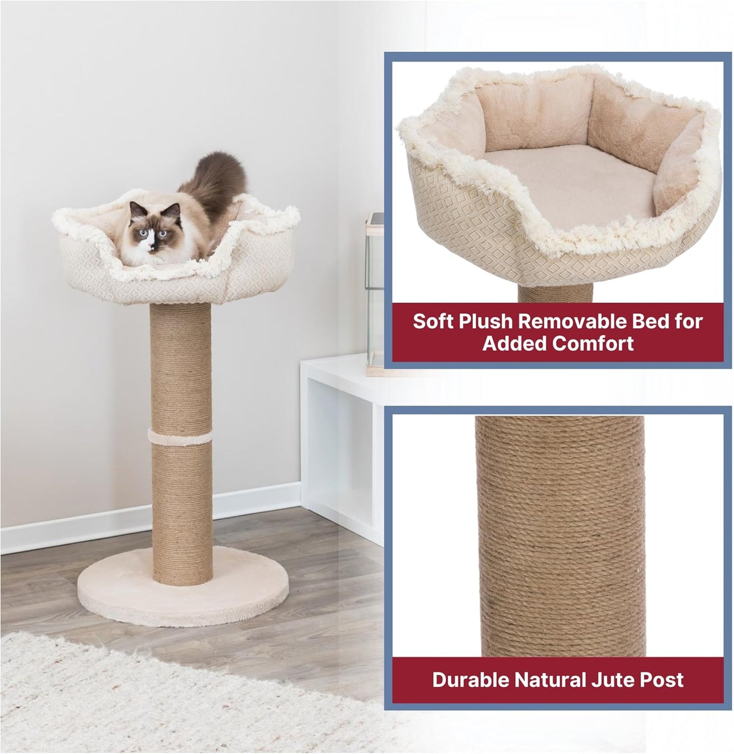 Trixie Boho Cat Scratching Post 32.7 Inch - Cat Scratcher with Soft Fabric Covering Base and Jute-Wrapped Post - with Platform Bed - in Beige