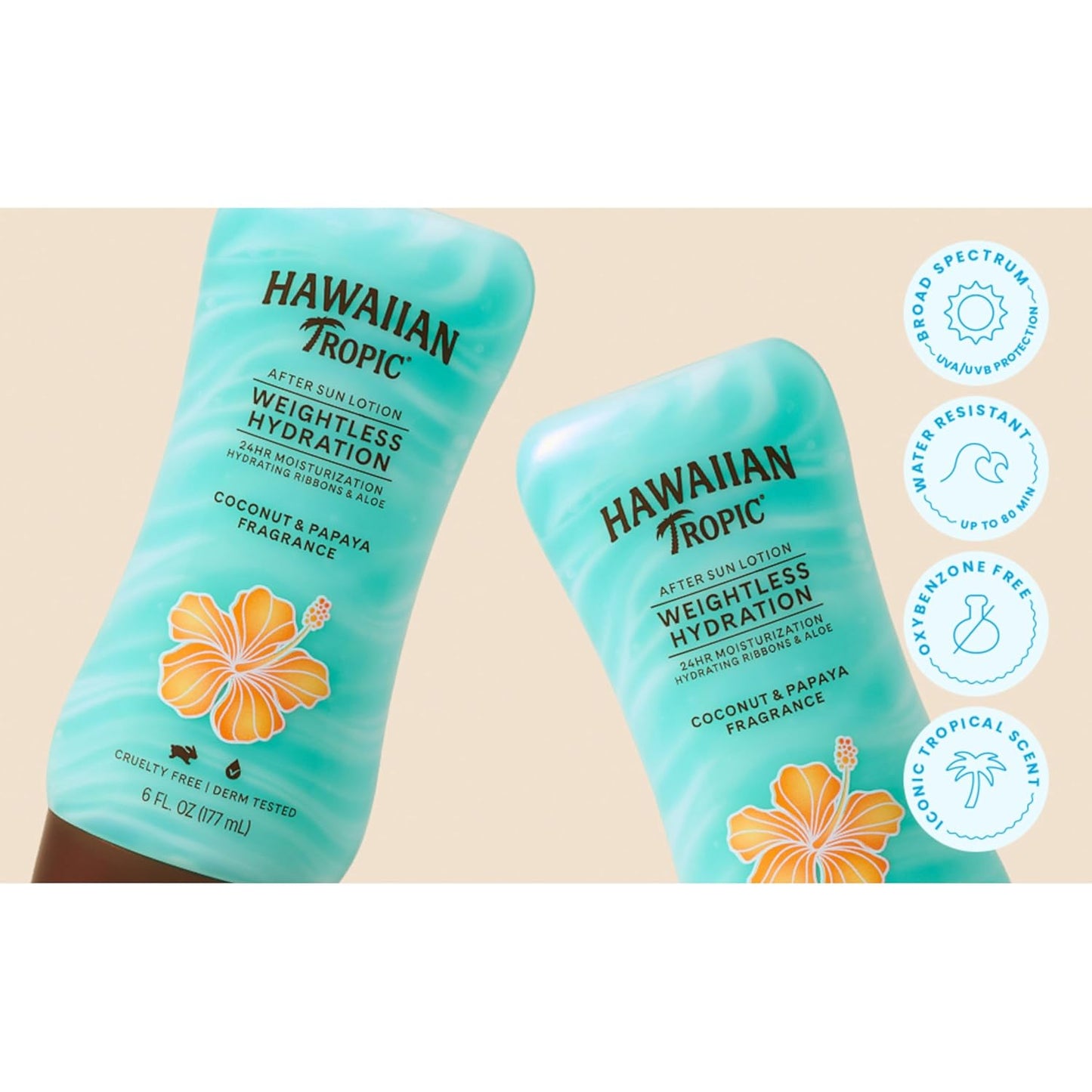 Hawaiian Tropic Weightless Hydration After Sun Lotion with Aloe, 6Fl Oz Twin Pack, Hawaiian Tropic Lotion, Moisturizing Lotion, After Sun Care, After Sun Moisturizer, 6Fl Oz each