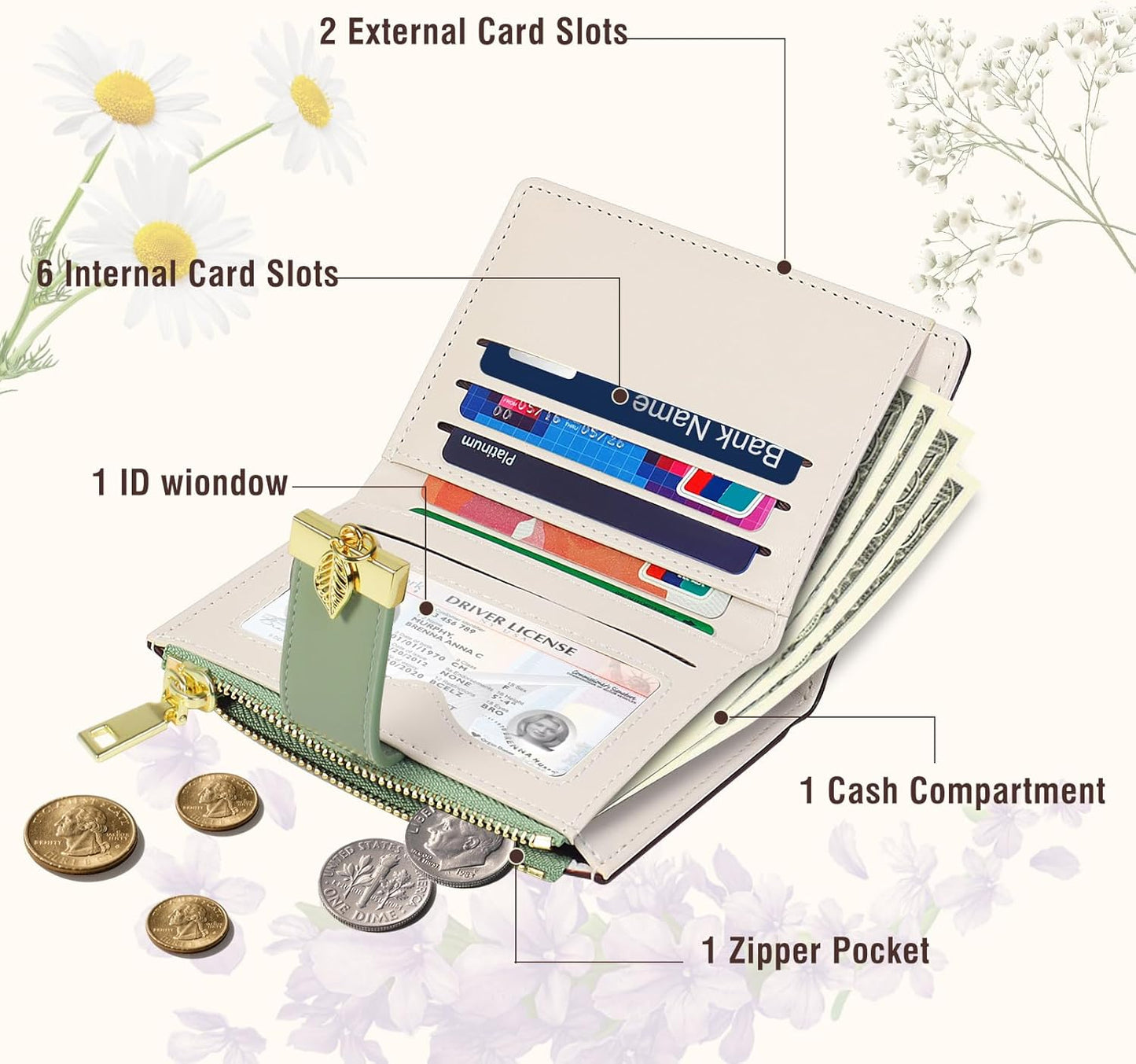 Avando Wallets for Women- RFID Blocking- Soft PU Leather Bifold Coin Zipper Pocket Purse-Small flower wallet Credit Card Holder with ID Window (Green)