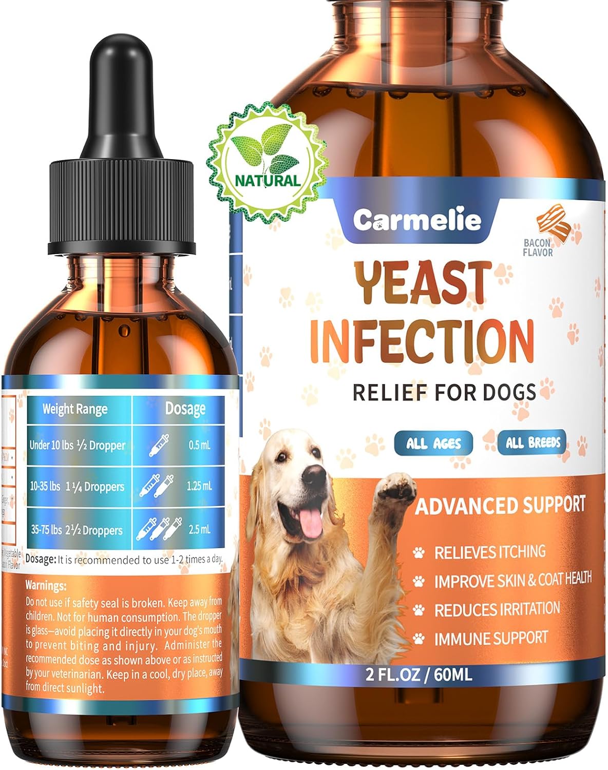 Natural Yeast Relief for Dogs, Support Healthy Itch Relief, Ear Paw Discomfort Care, Itch Relief for Dog, Allergy Supports, Inflammation Relief for Dogs, 60ml Bacon Flavor