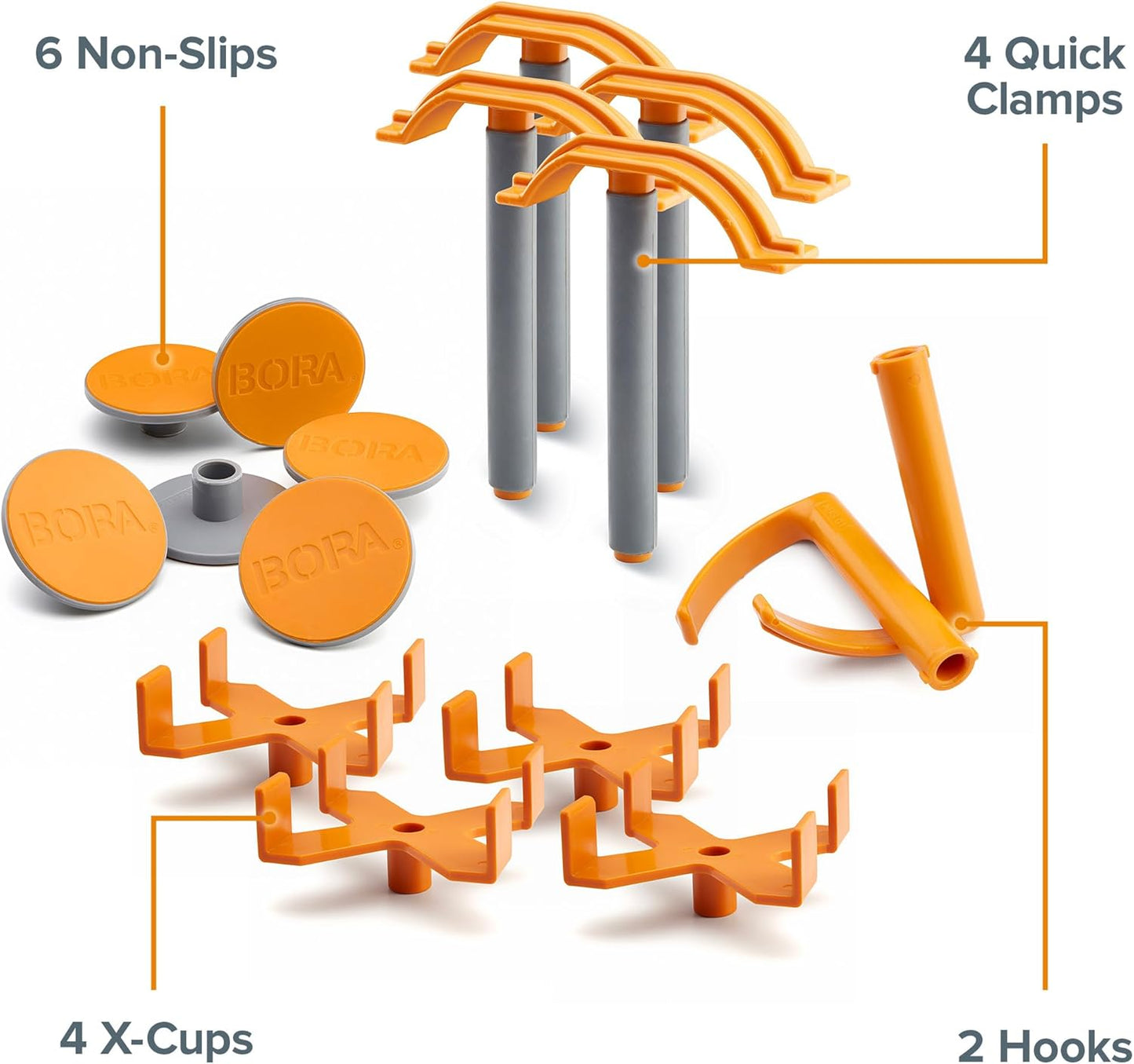 BORA Centipede Panel Cutting Accessory Kit – 4 X-Cups, 4 Quick Clamps, 6 Non-Slips, 2 Hooks, Fits All Centipede Work Stands - Work Bench Accessories for Sawhorse Folding Table Applications CAK2017