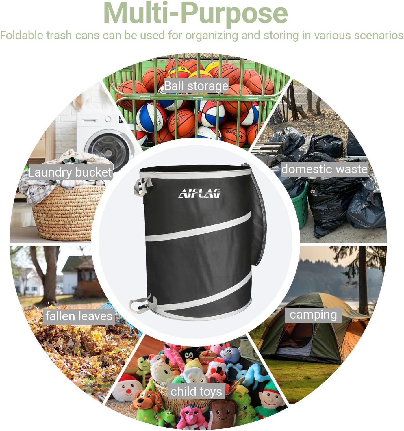 Collapsible Trash Can for Yard Waste & Camping, 42 Gallon Pop-Up Garbage Bag with Hard Bottom & Zipper Lid, Heavy Duty Reusable Outdoor Trash Can for Lawn Care, Garden, RV, Indoor Storage