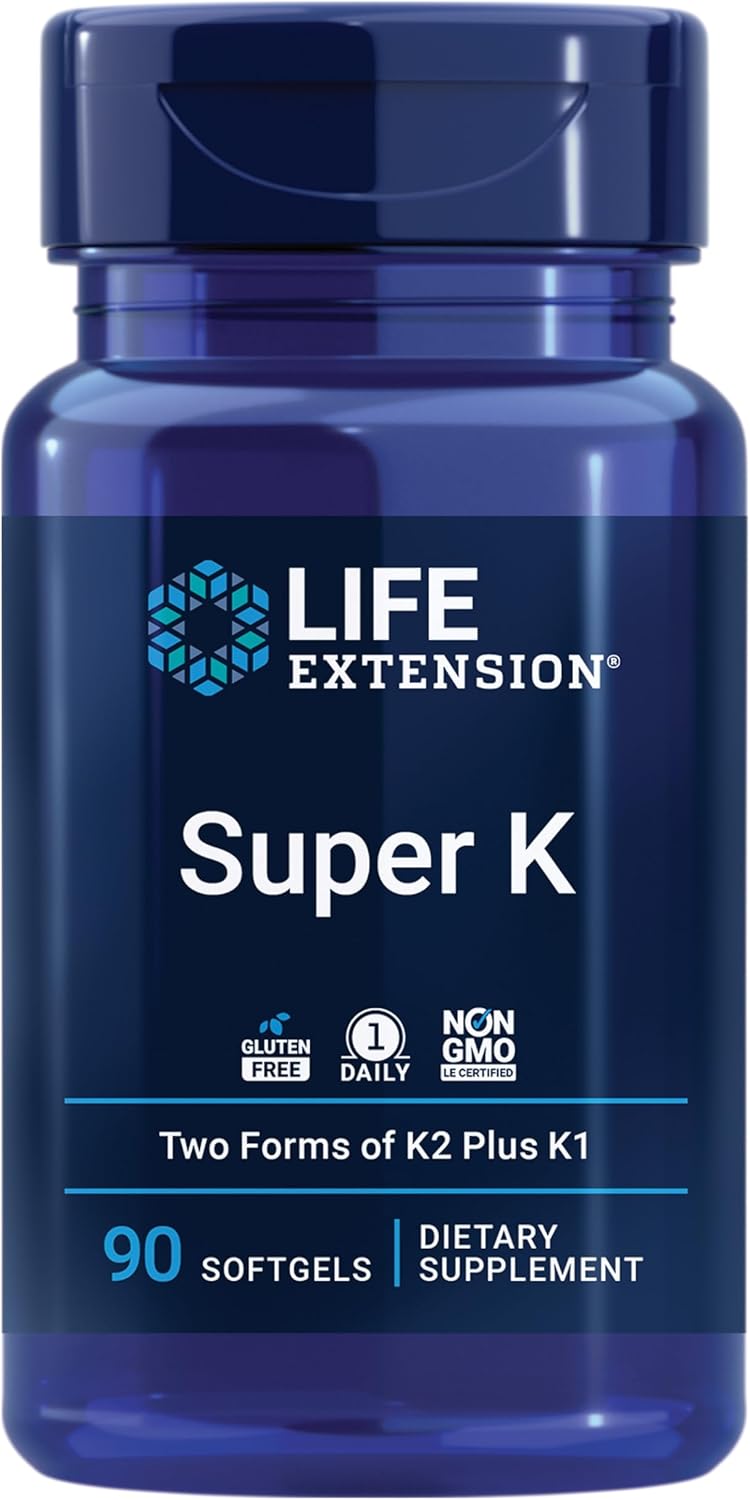 Life Extension Super K, Vitamin K Supplement, 2000 Mcg Vitamin K and 1180 Mcg Vitamin K2, Heart Health, Once-Daily, 90 Softgels