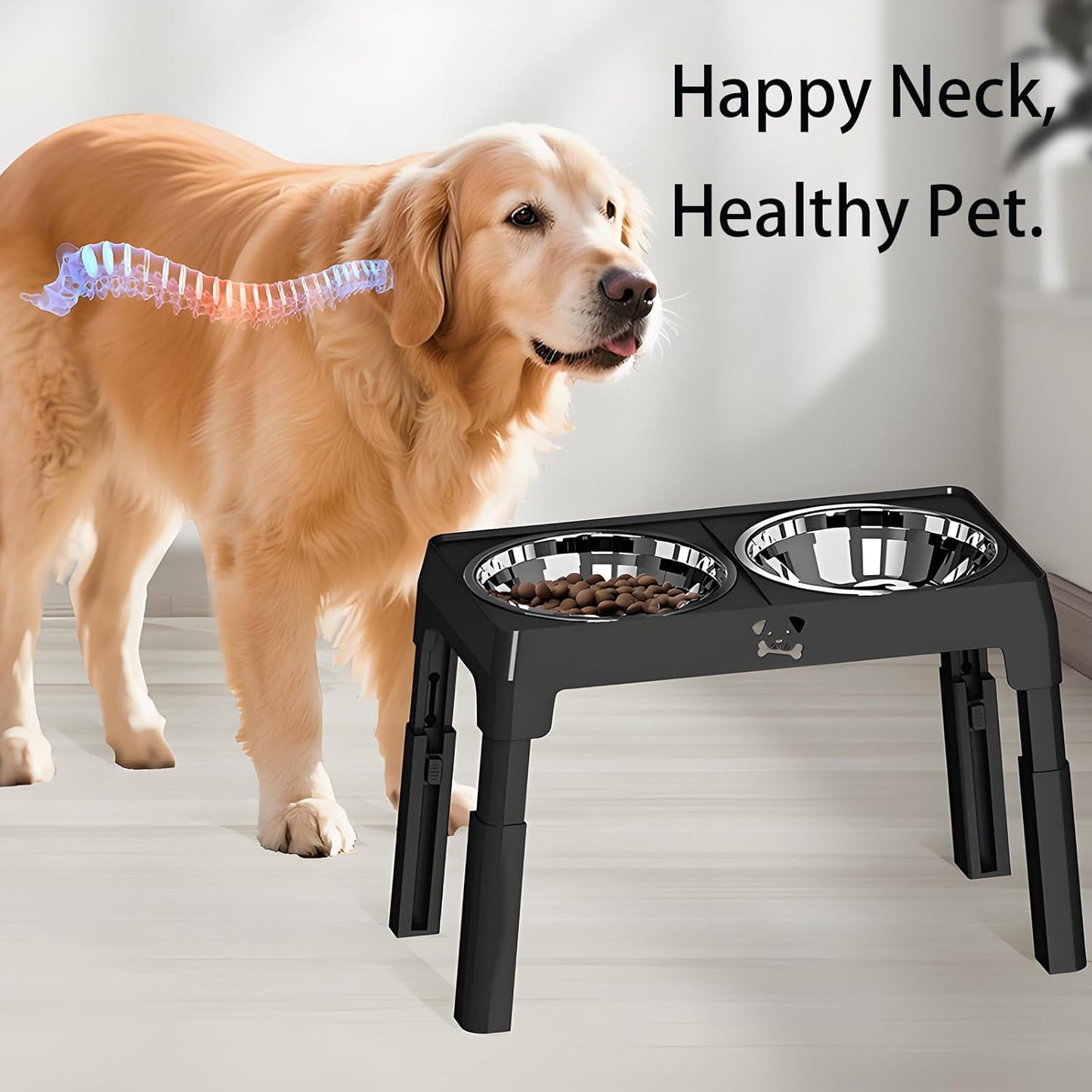 Elevated Dog Bowls Stand 5 Height Adjustable, Raised Dog Feeder with 2 Thick 50oz Stainless Steel Bowls, Non-Slip Pet Food Station for Medium & Large Breeds (Black)