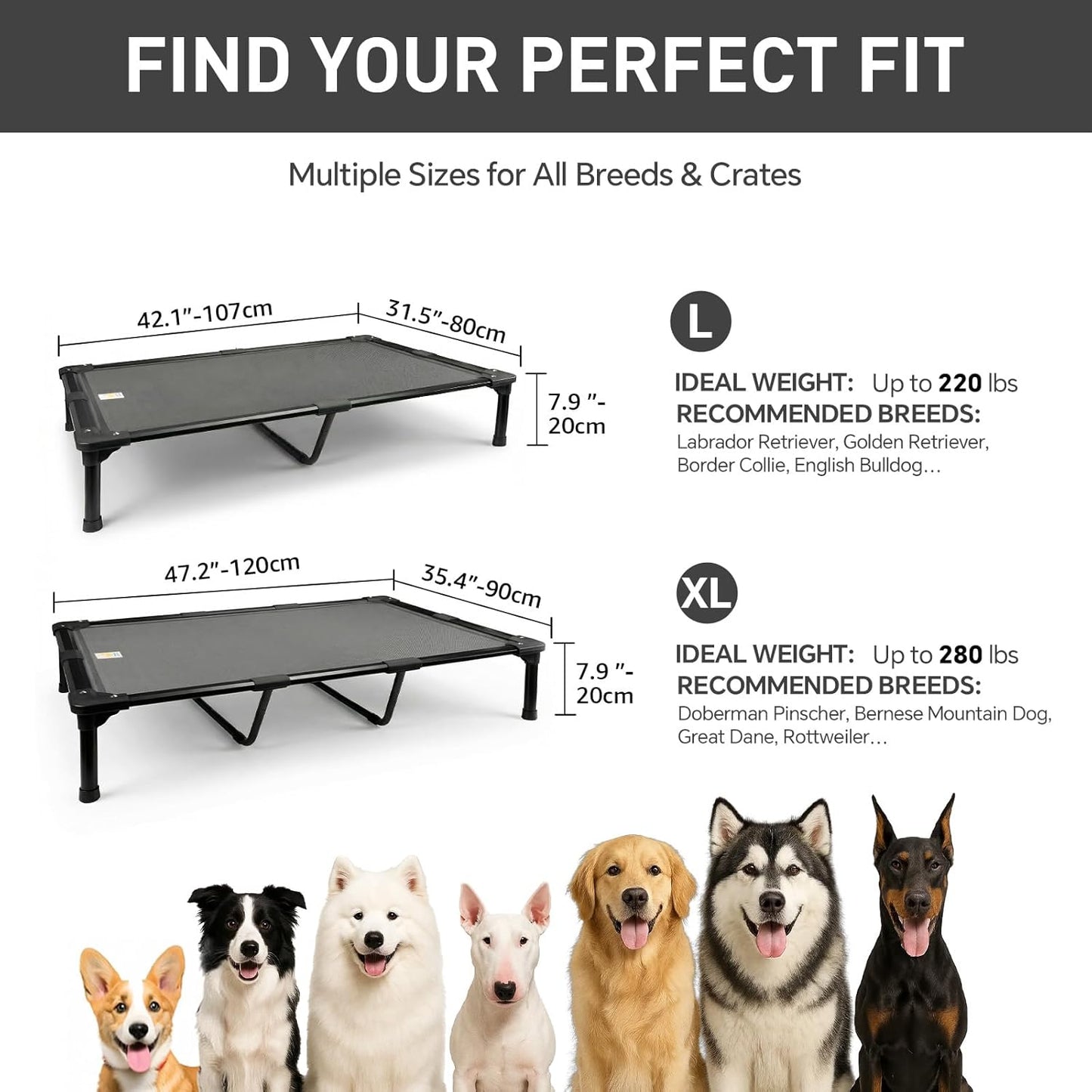 Sytopia 47'' Indestructible Outdoor Elevated Dog Bed for Large Dogs, Chew-Proof Pet Camping Raised Cot with Breathable Mesh - Durable Frame, Cooling Hammock Bed, Non-Slip Feet, Waterproof, Easy Clean
