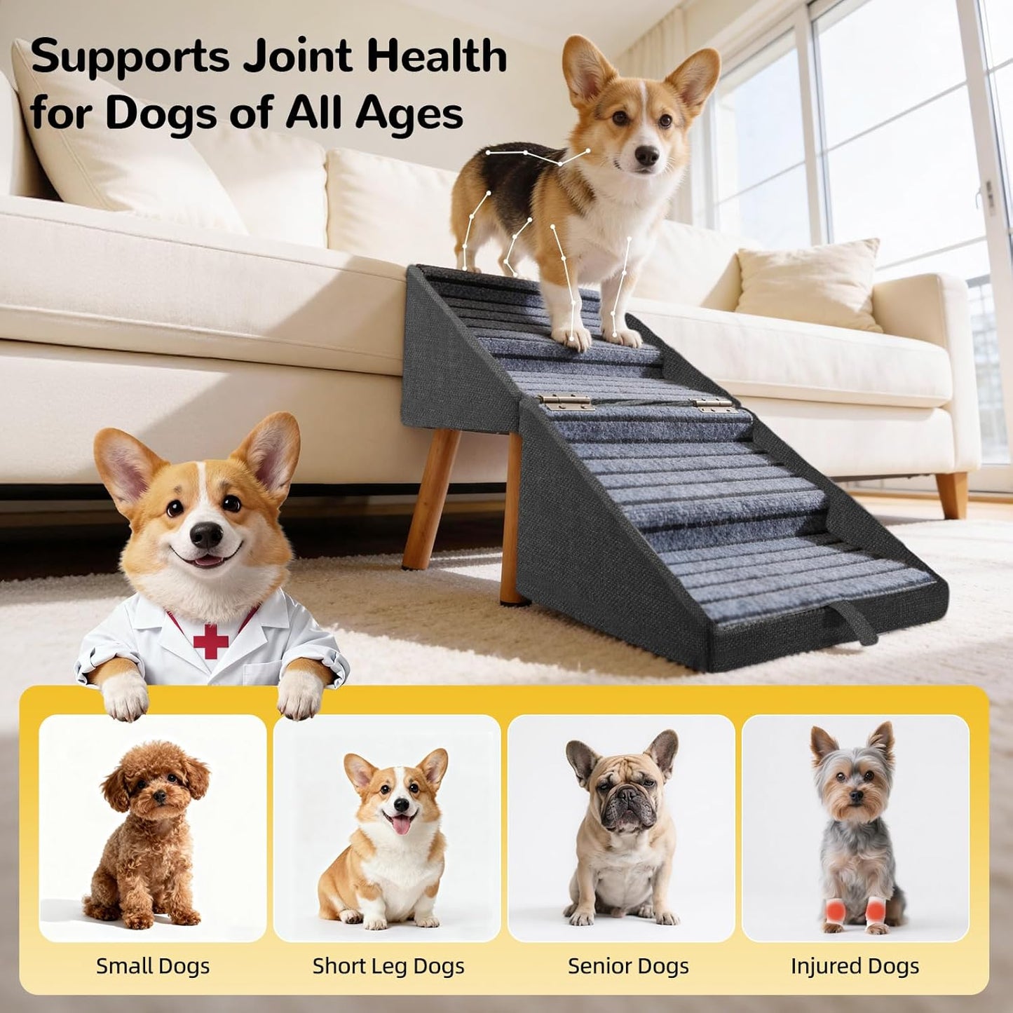 17.13" H Dog Stairs for Small Dogs, 2-in-1 Pet Steps & Ottoman - Foldable Dog Stairs for Couch, Non-Slip Wooden Pet Stairs for Puppy Senior Injured Dogs