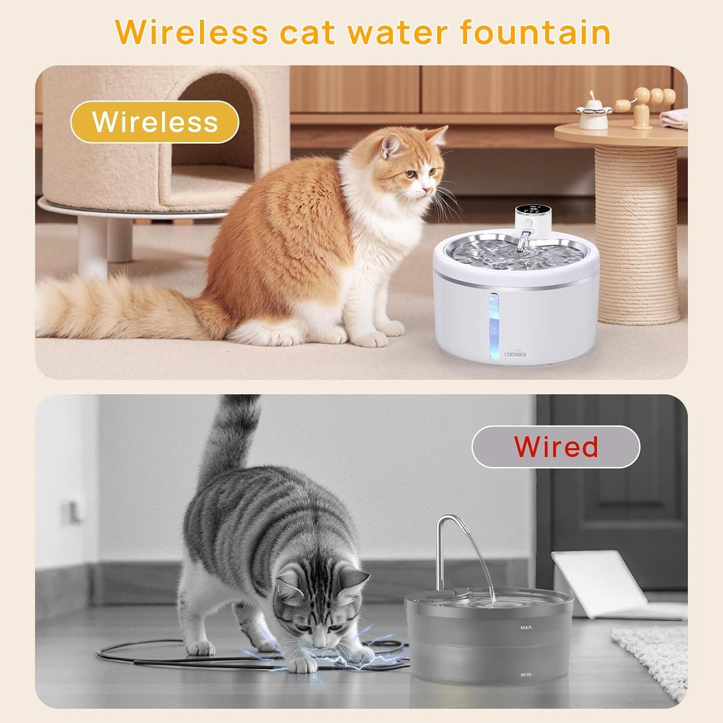 Wireless Cat Water Fountain with Stainless Steel Tray, 102oz/3L Pet Water Fountain for Cats Inside, Cat Fountain for Drinking with Motion Sensor, Ultra Quiet Pump, Cats & Dogs Gifts-8Filters