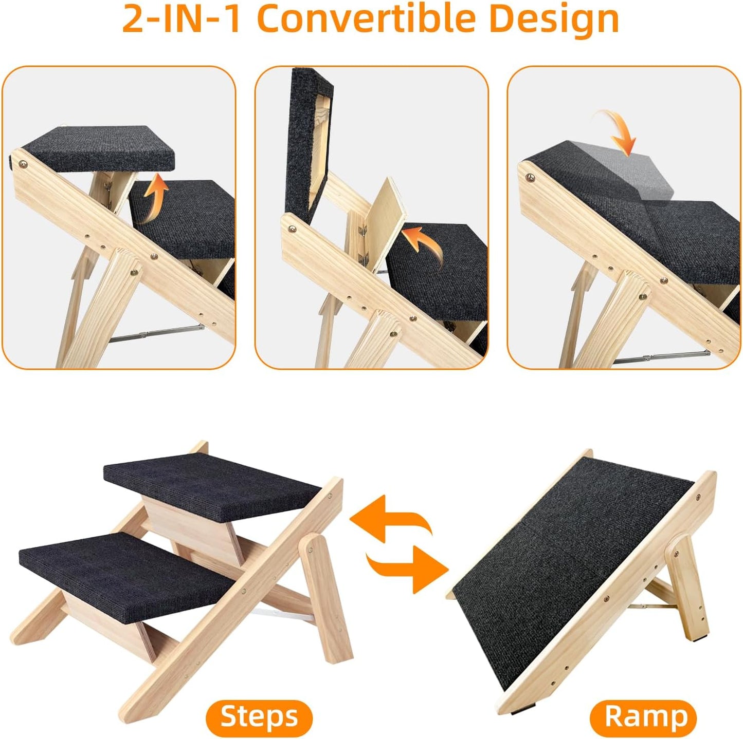 Dog Stairs/Ramp for Bed, Wooden 2-in-1 Foldable Pet Stairs & Ramp, Portable Dog Step Up to 180 Pound for Elderly/Short-Legged Dogs, 2 Steps for Beds, Couch, Cars