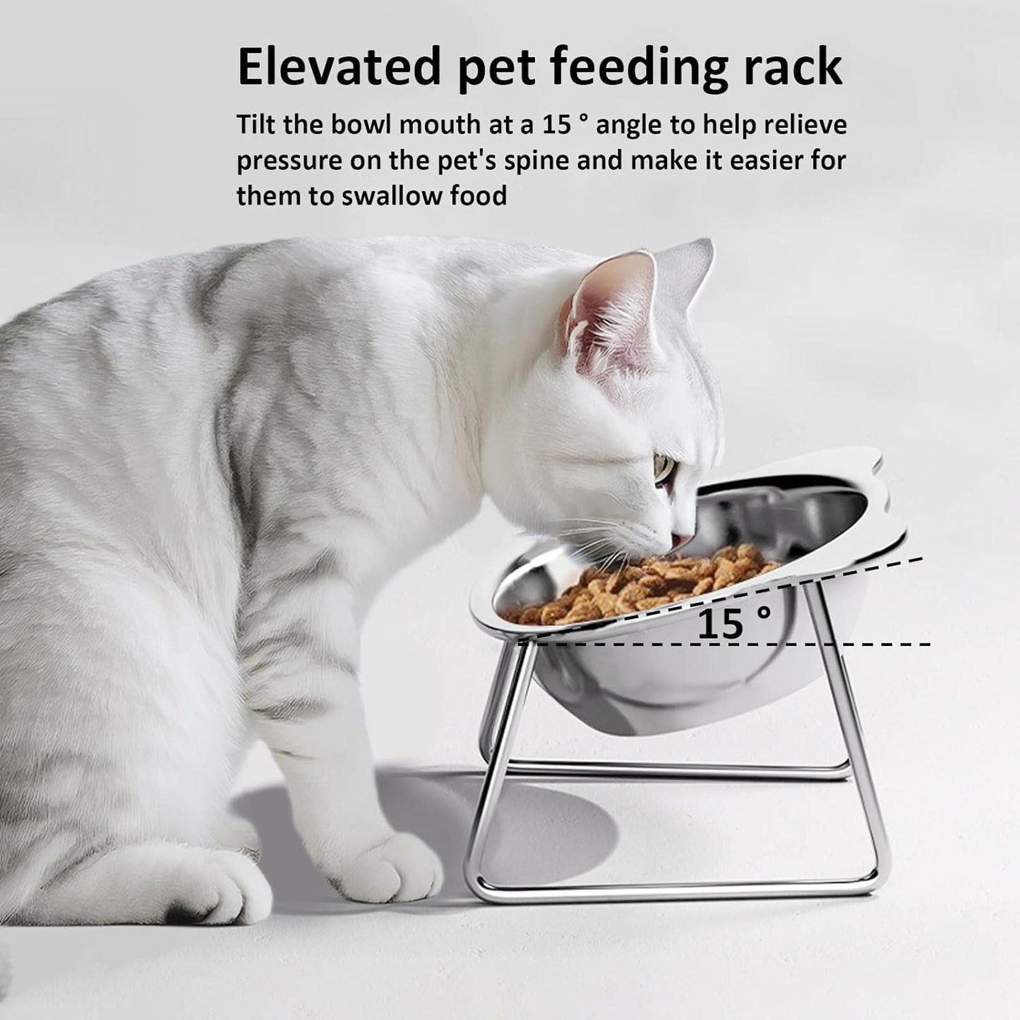 Stainless Elevated cat Bowls 5.9 Inch with Metal Stand Slip Resistant Base 15 Degrees Tilted Raised Pet Dishes Double Bowl Design Food and Water Dish for Cats Kitten Small Dog (2 Pack Raised Bowls)