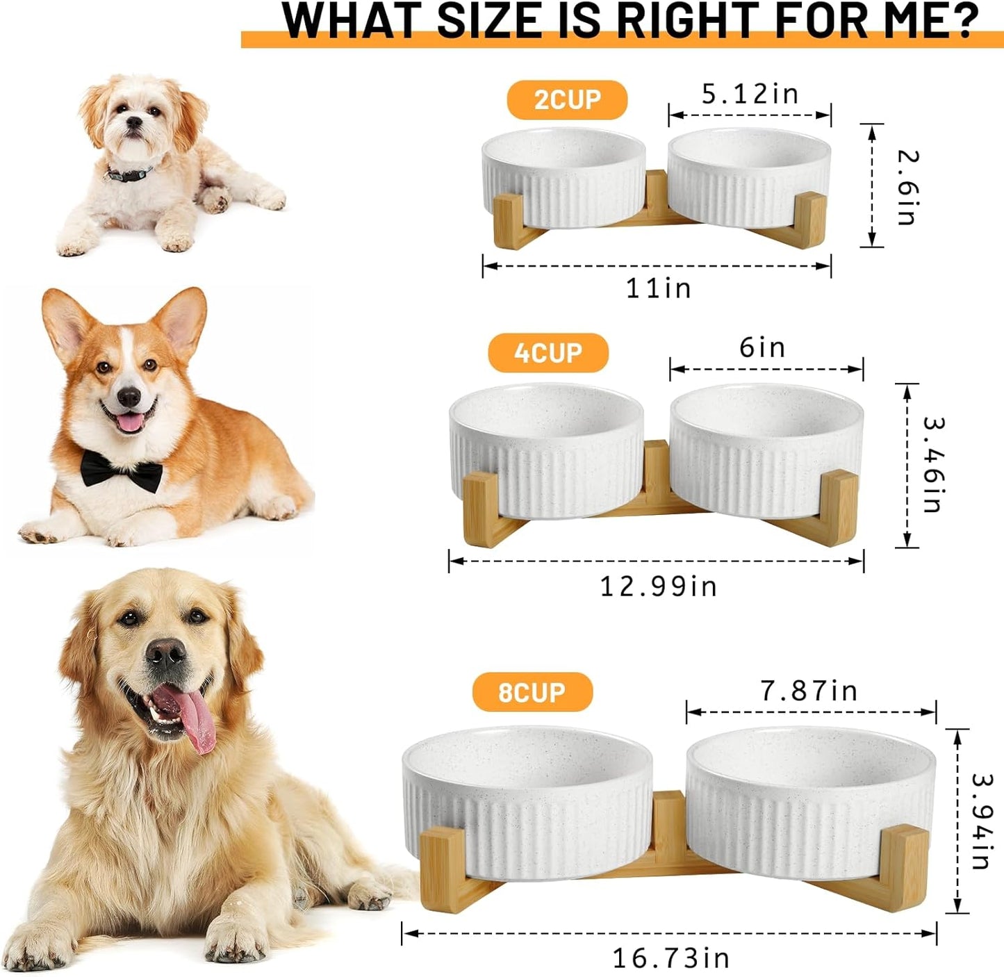 Non-Slip Ceramic Dog Bowls with Wooden Stand,8" Dog Food and Water Bowl Set with Silicone Base, 64 OZ/8 Cups Weighted Flip-Proof Pet Feeding Bowl for Small Dogs and Cats (Large,White)