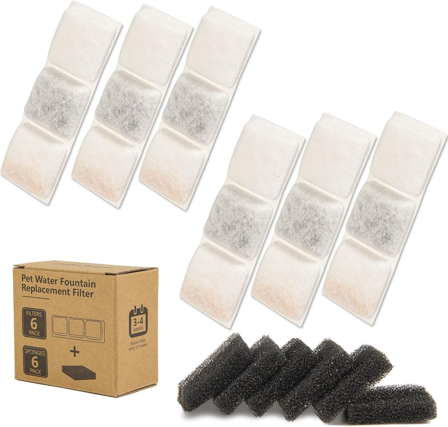 BOBO&DRAGON Cat Water Fountain 12 Pack Cat Fountain Replacement Filters for Stainless Steel 124oz/3.5L (6+6 Pack) Automatic Dog Water Dispenser Filters 6-layer Filtration System