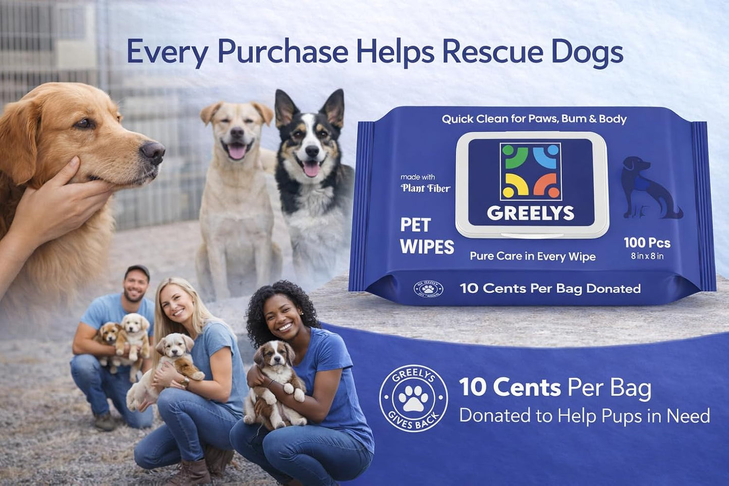100 Count Dog Wipes, Plant-Based Bamboo Pet Wipes for Dogs & Cats, No Rinse Cleaning for Paws, Body & Butt, Deodorizing & Gentle