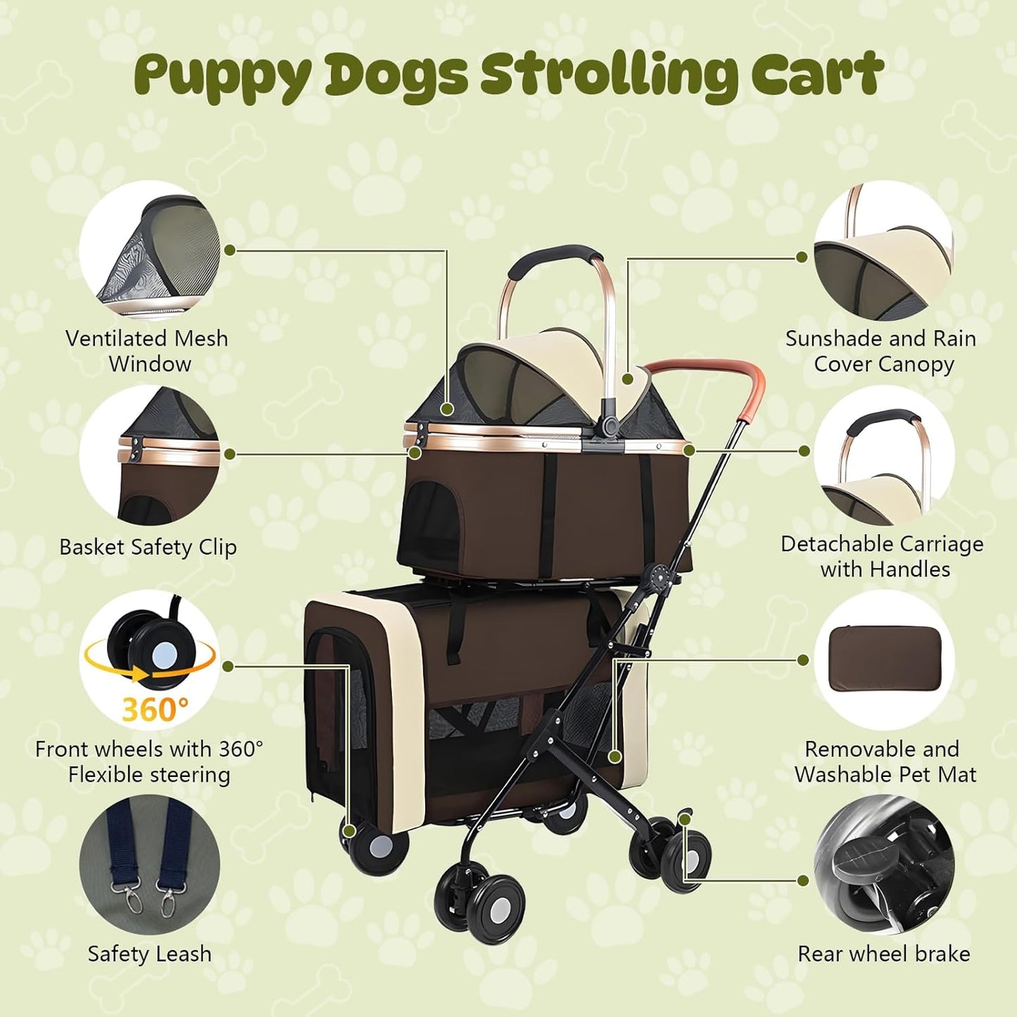 Double Pet Stroller for Dogs and Cats, One-Step Folding Dog Stroller Travel Carriage for Small Medium Dogs Cats, 2 Detachable Carrier Bags, 4 Lockable Wheels (Brown)