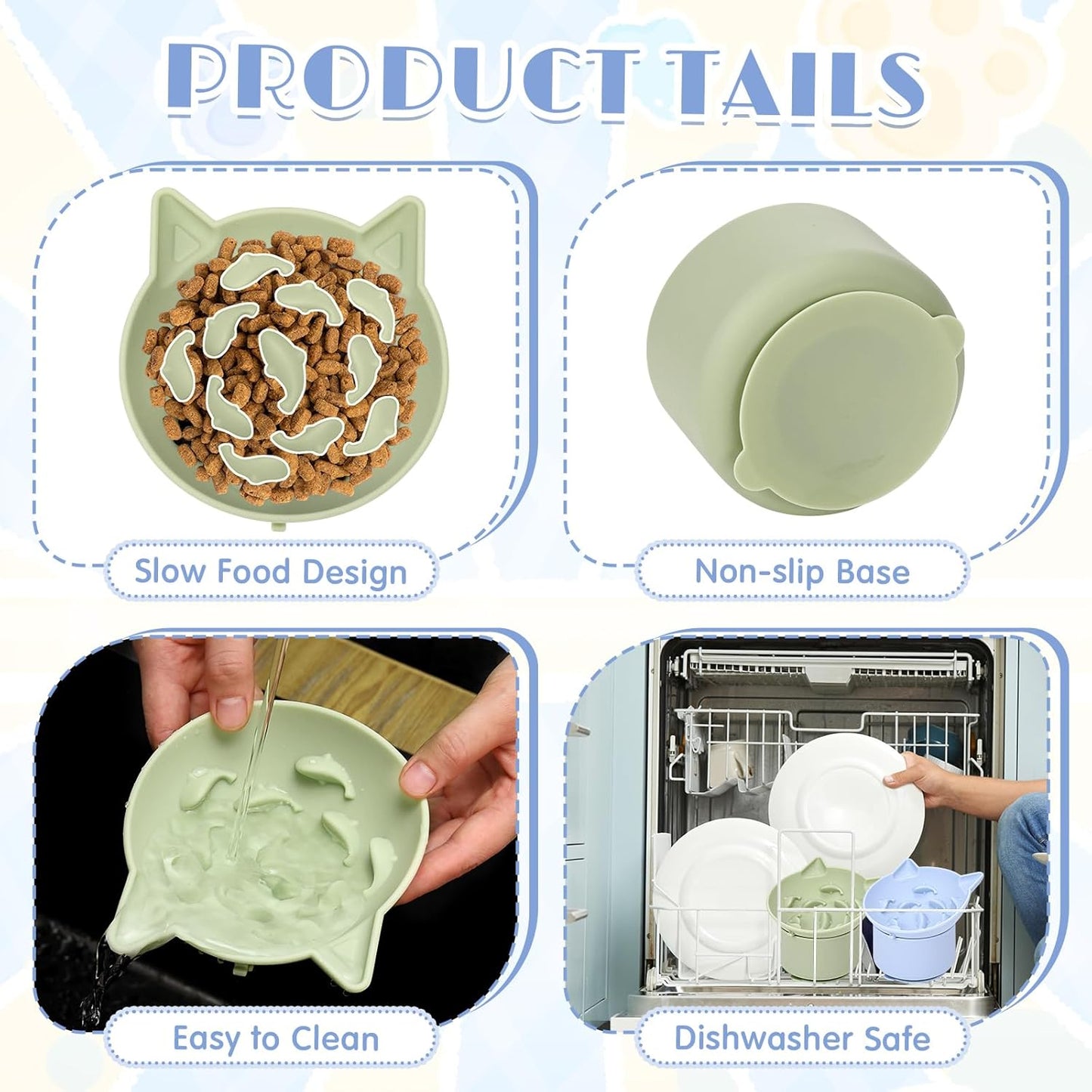 2 Pack Silicone Cat Slow Feeder, Elevated Slow Feeder Cat Bowl for Dry and Wet Food, Tilted Design with Non Slip Base, Adjustable Angle for Pet(Green and Blue)