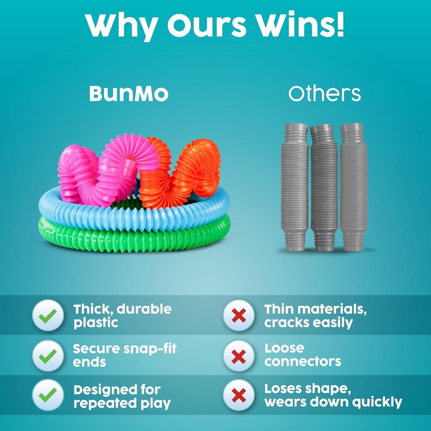 BUNMO Easter Basket Stuffers - Pop Tubes - Fidget Sensory Toys - Creative Learning - Hours of Fun for Kids - Easter Basket Stuffers for Toddler- Tons of Ways to Play - Non-Mouthable 3+ - 4 Pack Large