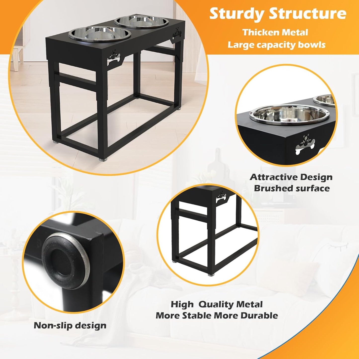 Elevated Dog Bowls Raised Pets Bowl Stand with 2 Large Water Food Bowls Wooden Elevated Raised Dog Bowls for Larger Medium Small Sized Dogs (Black Metal, Large 4L)