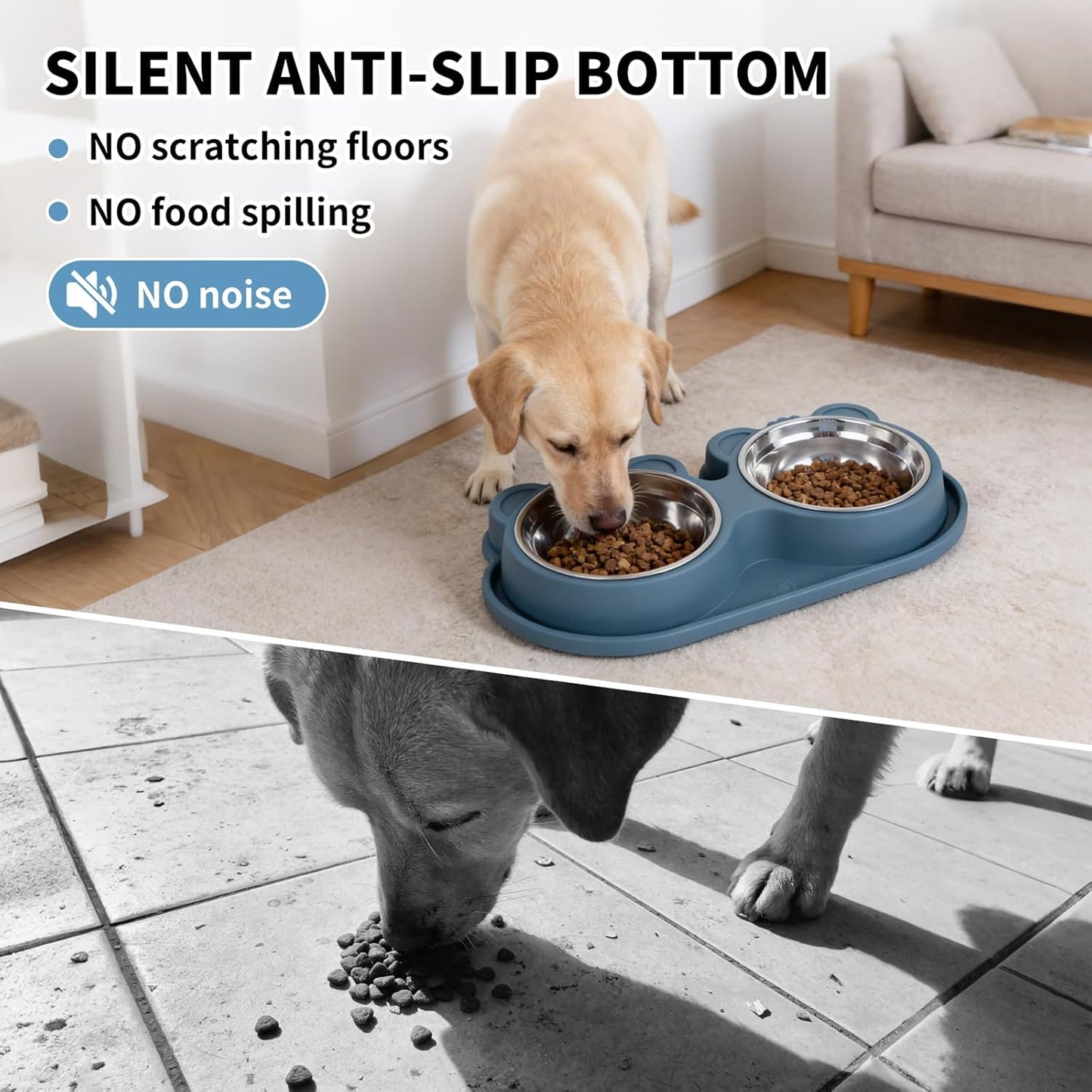 Stainless Steel Double Pet Bowls with Non-Slip Base, Detachable Dog Cat Food and Water Feeder Set, Anti-Spill & Easy to Clean Pet Feeding Bowls for Small Dogs & Cats