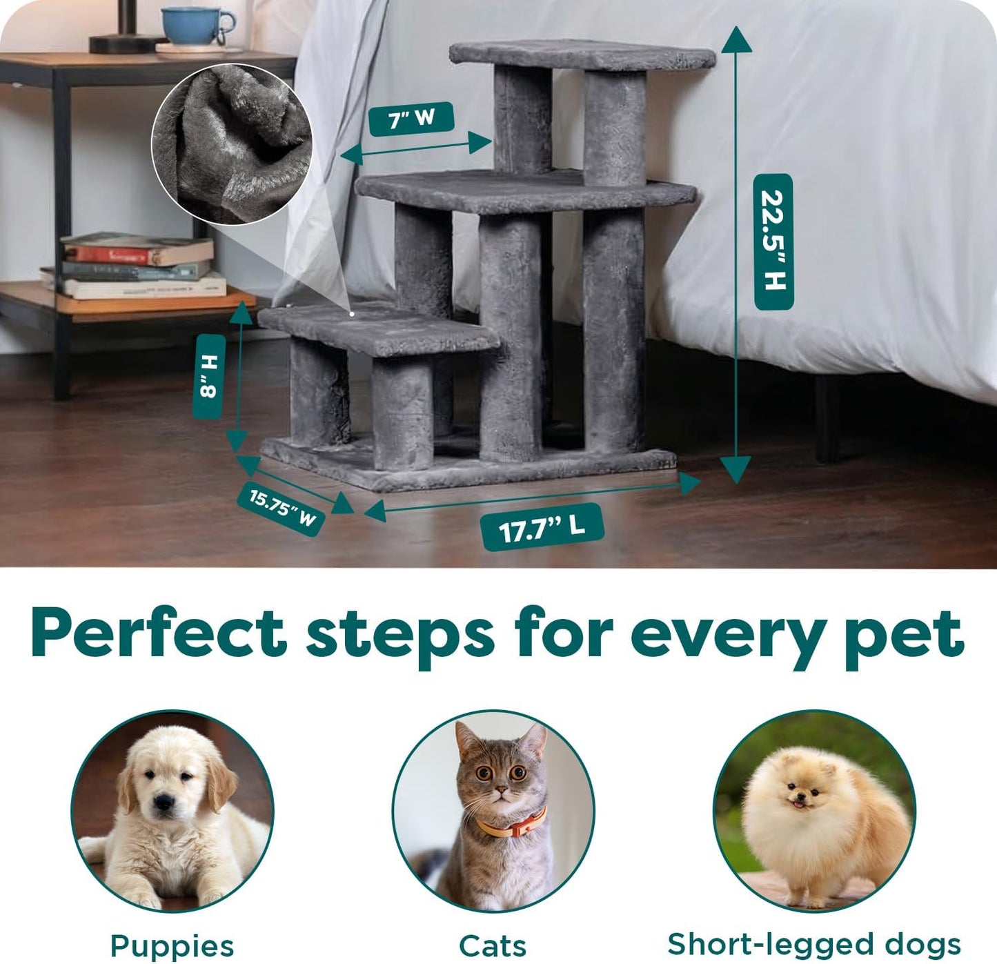 Furhaven Steady Paws Multi-Step Pet Stairs for High Beds & Sofas - Gray, 3-Step